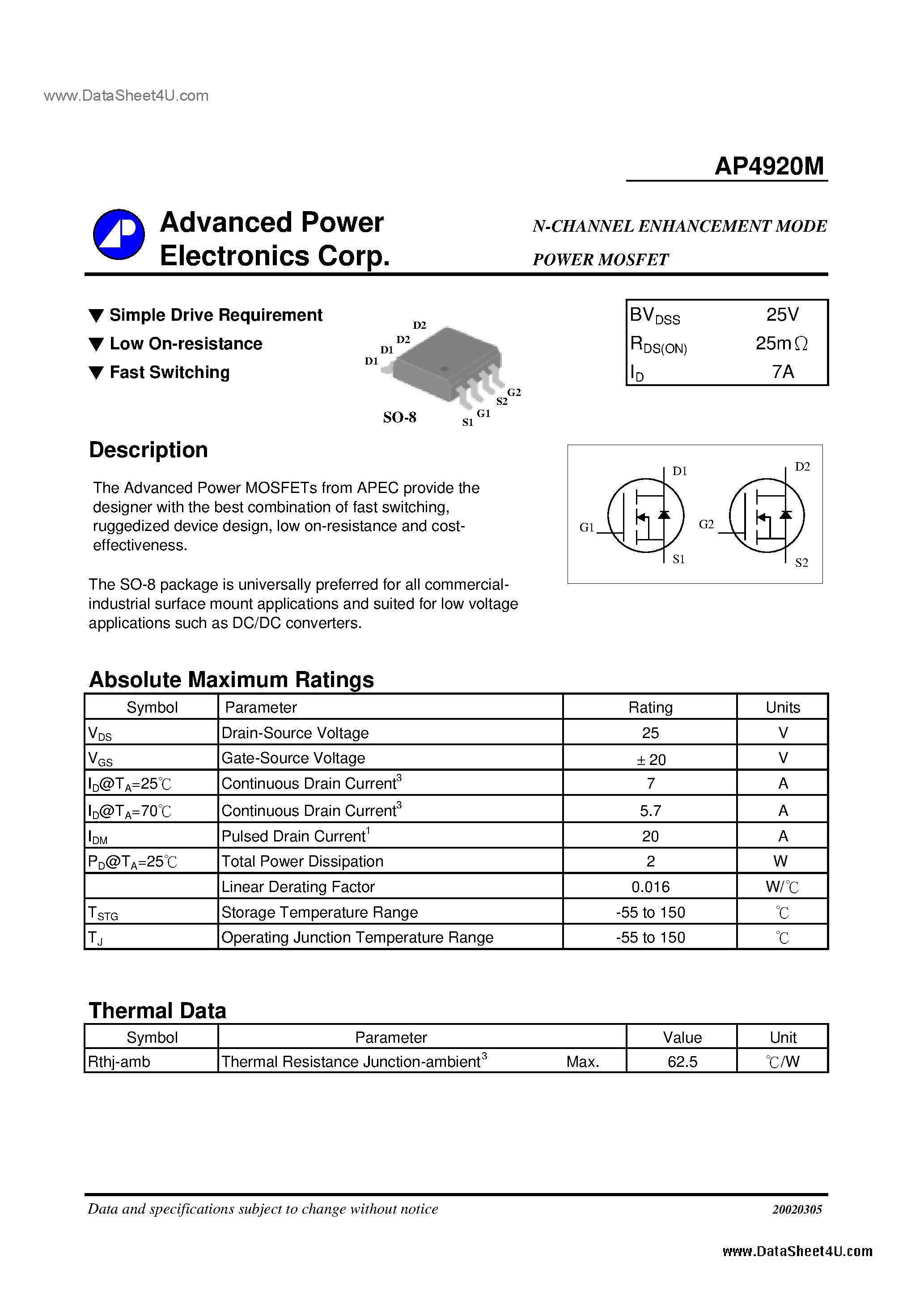 Datasheet AP4920M - N-CHANNEL ENHANCEMENT MODE POWER MOSFET page 1