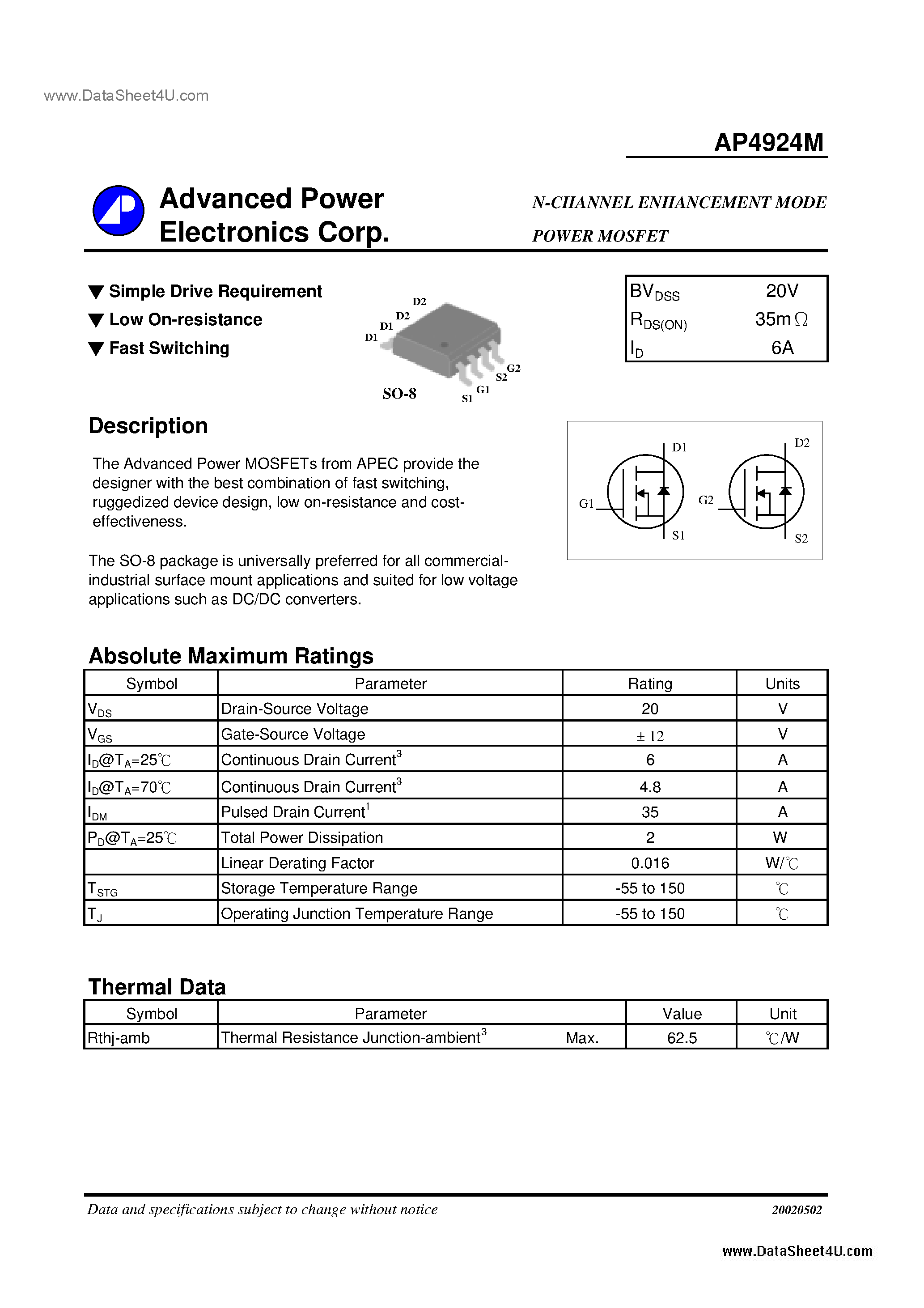 Datasheet AP4924M - N-CHANNEL ENHANCEMENT MODE POWER MOSFET page 1