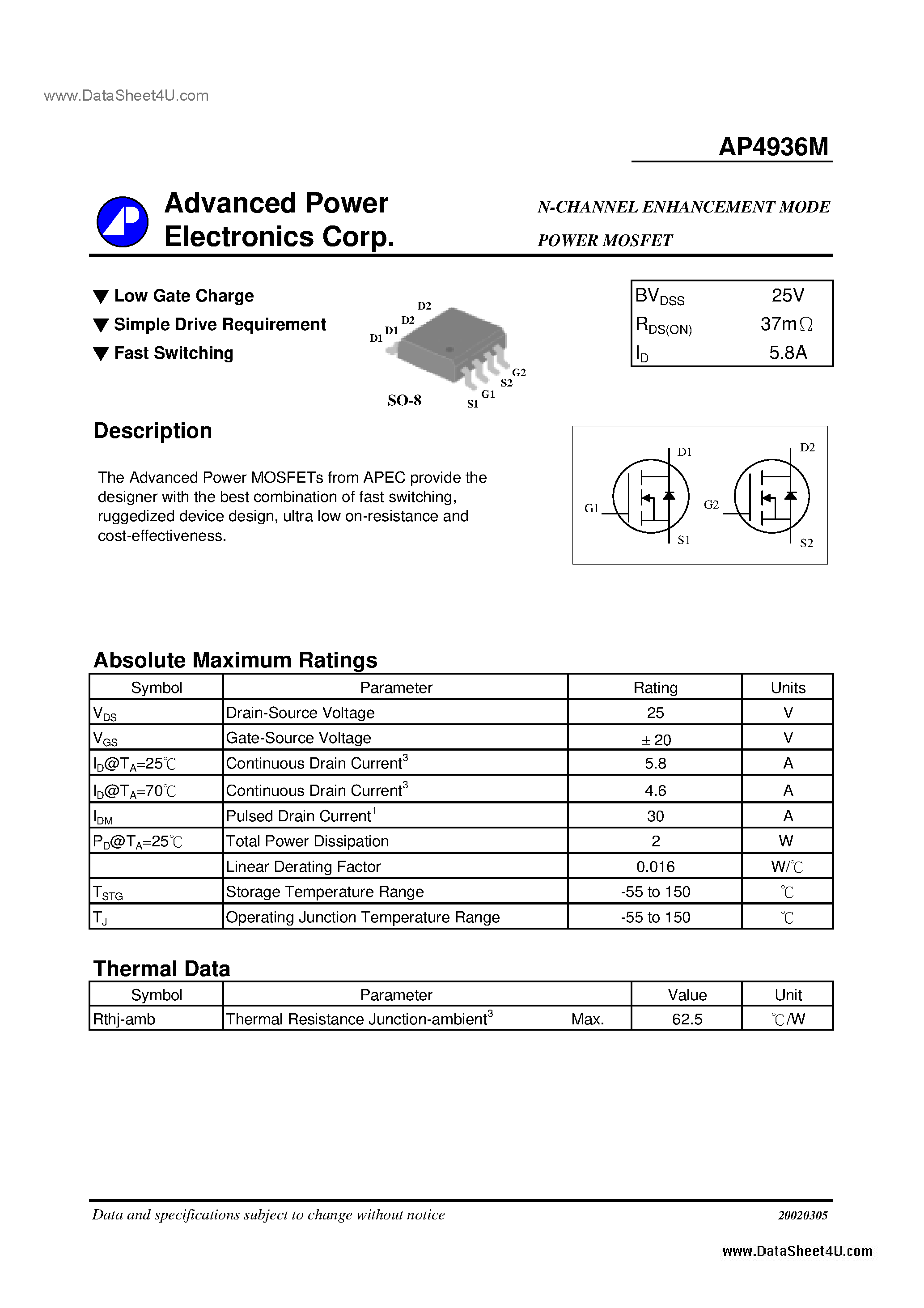 Datasheet AP4936M - N-CHANNEL ENHANCEMENT MODE POWER MOSFET page 1