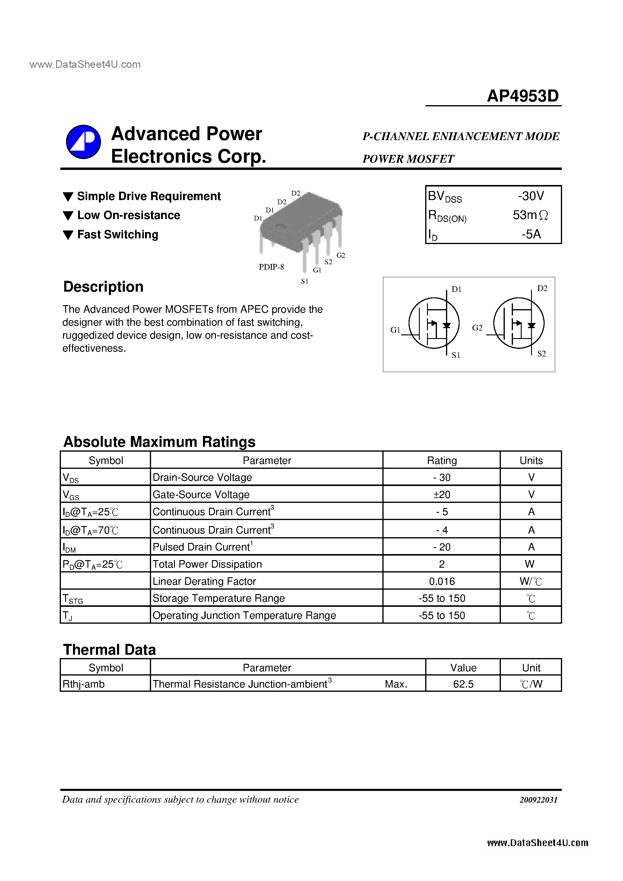 Даташит AP4953D - P-CHANNEL ENHANCEMENT MODE POWER MOSFET страница 1