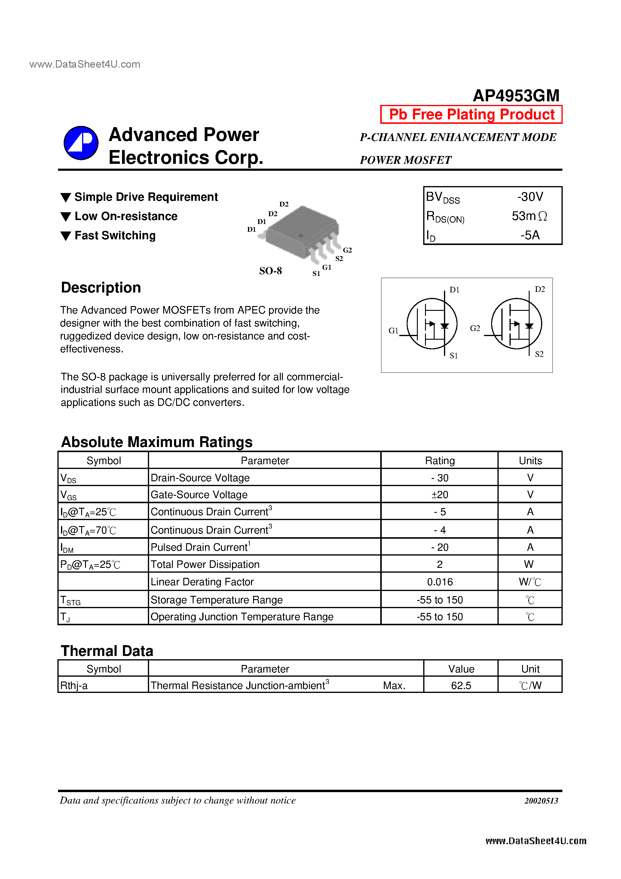 Даташит AP4953GM - P-CHANNEL ENHANCEMENT MODE POWER MOSFET страница 1