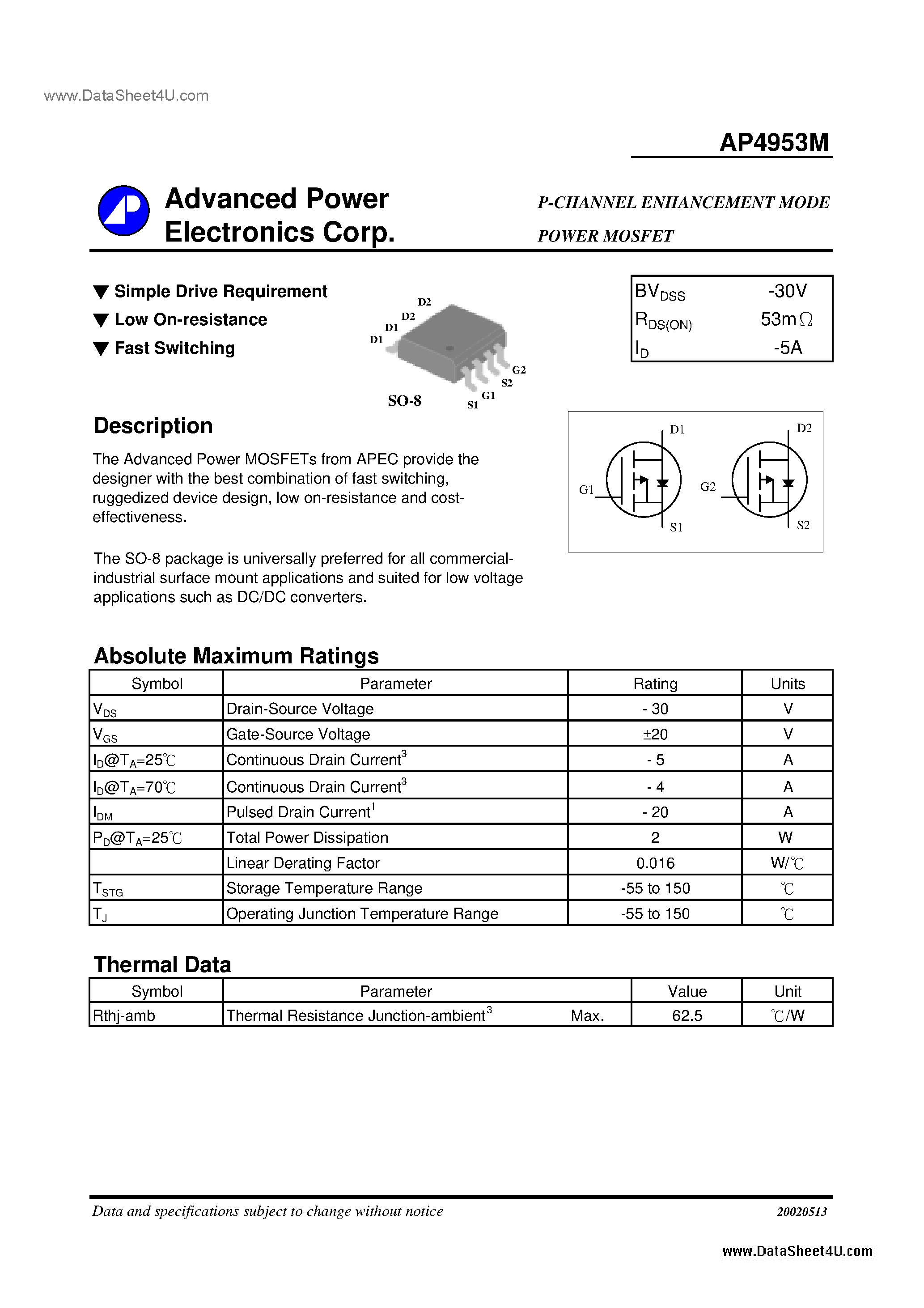 Даташит AP4953M - P-CHANNEL ENHANCEMENT MODE POWER MOSFET страница 1