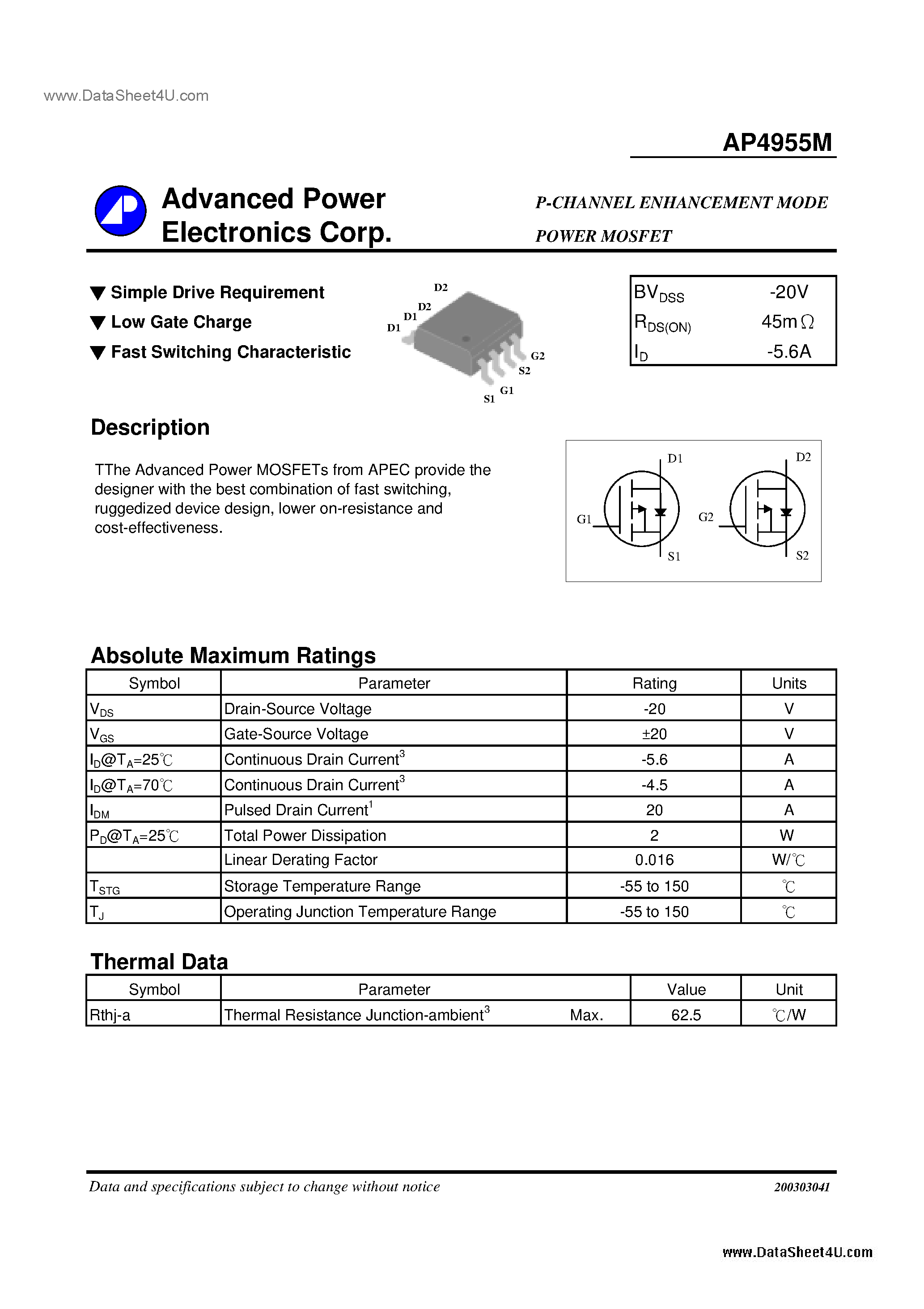 Даташит AP4955M - P-CHANNEL ENHANCEMENT MODE POWER MOSFET страница 1