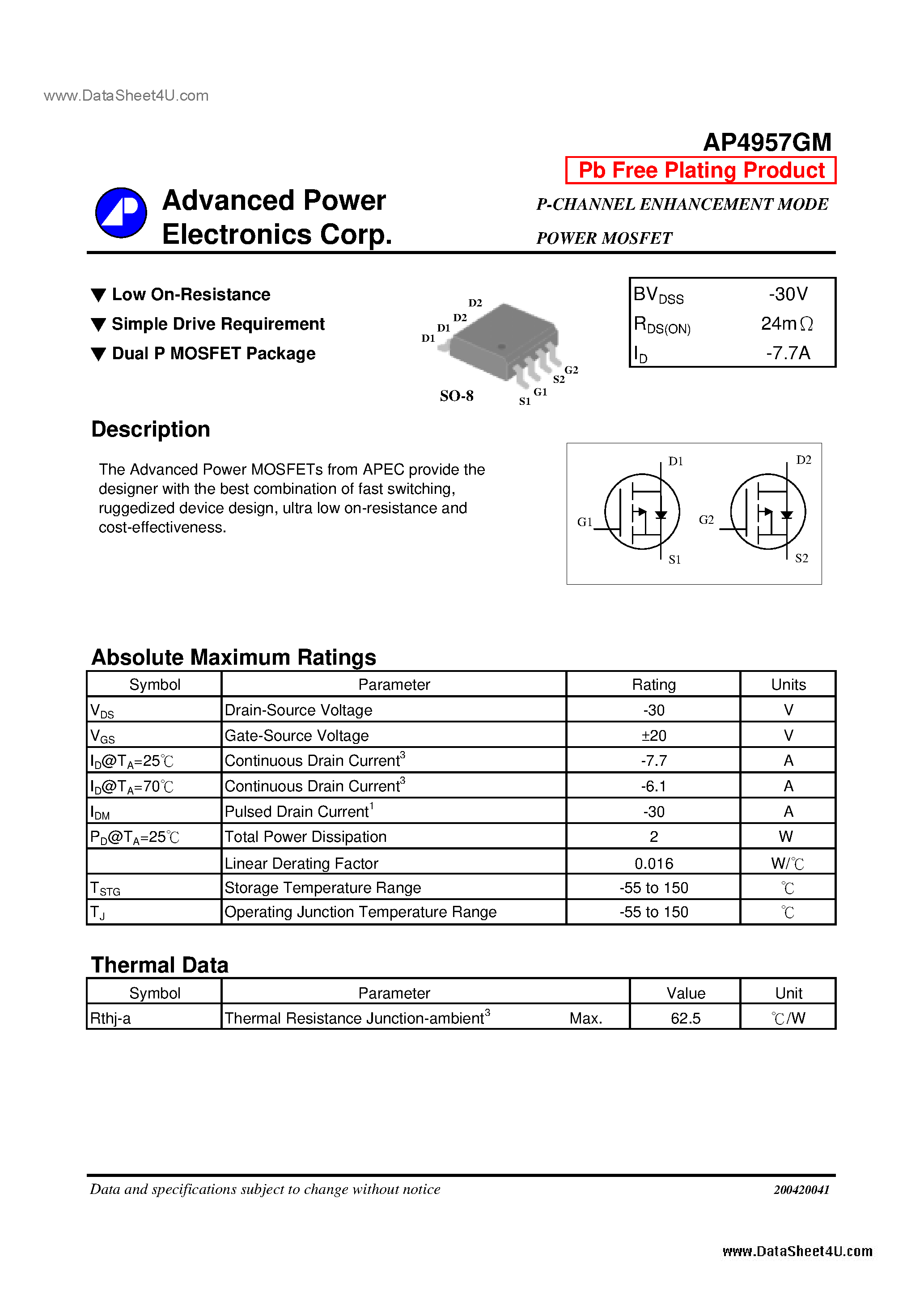 Даташит AP4957GM - P-CHANNEL ENHANCEMENT MODE POWER MOSFET страница 1