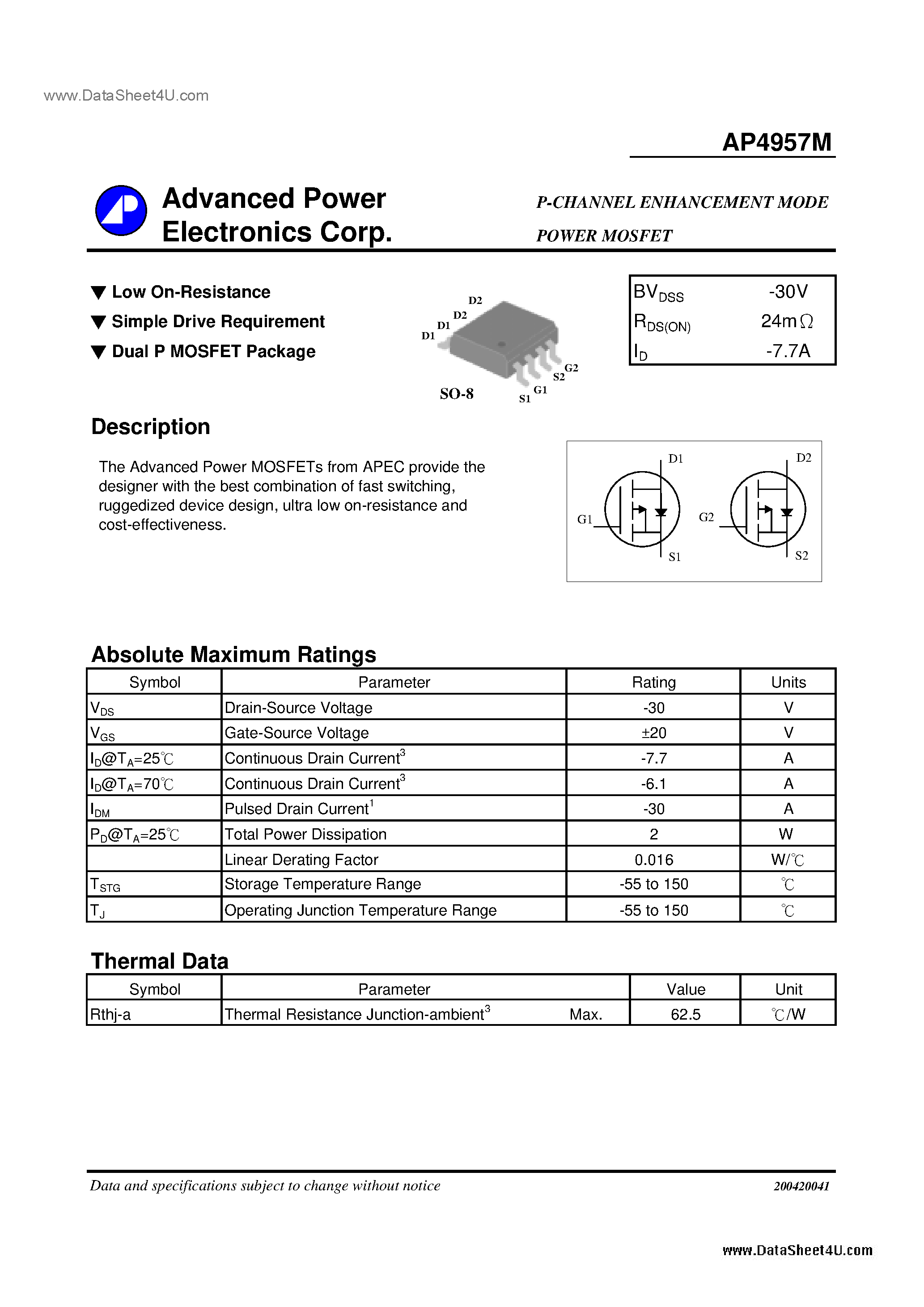 Даташит AP4957M - P-CHANNEL ENHANCEMENT MODE POWER MOSFET страница 1