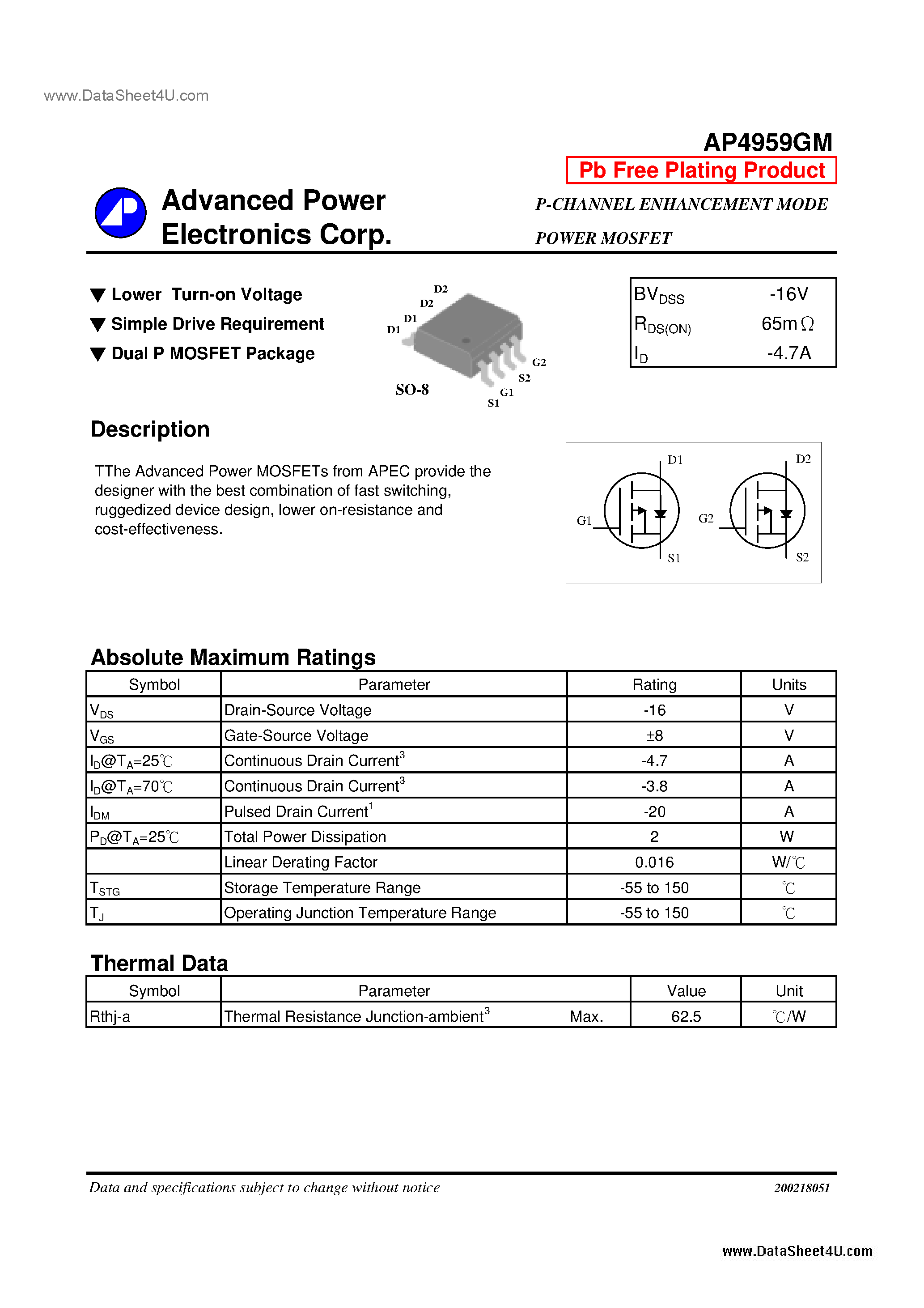 Даташит AP4959GM - P-CHANNEL ENHANCEMENT MODE POWER MOSFET страница 1