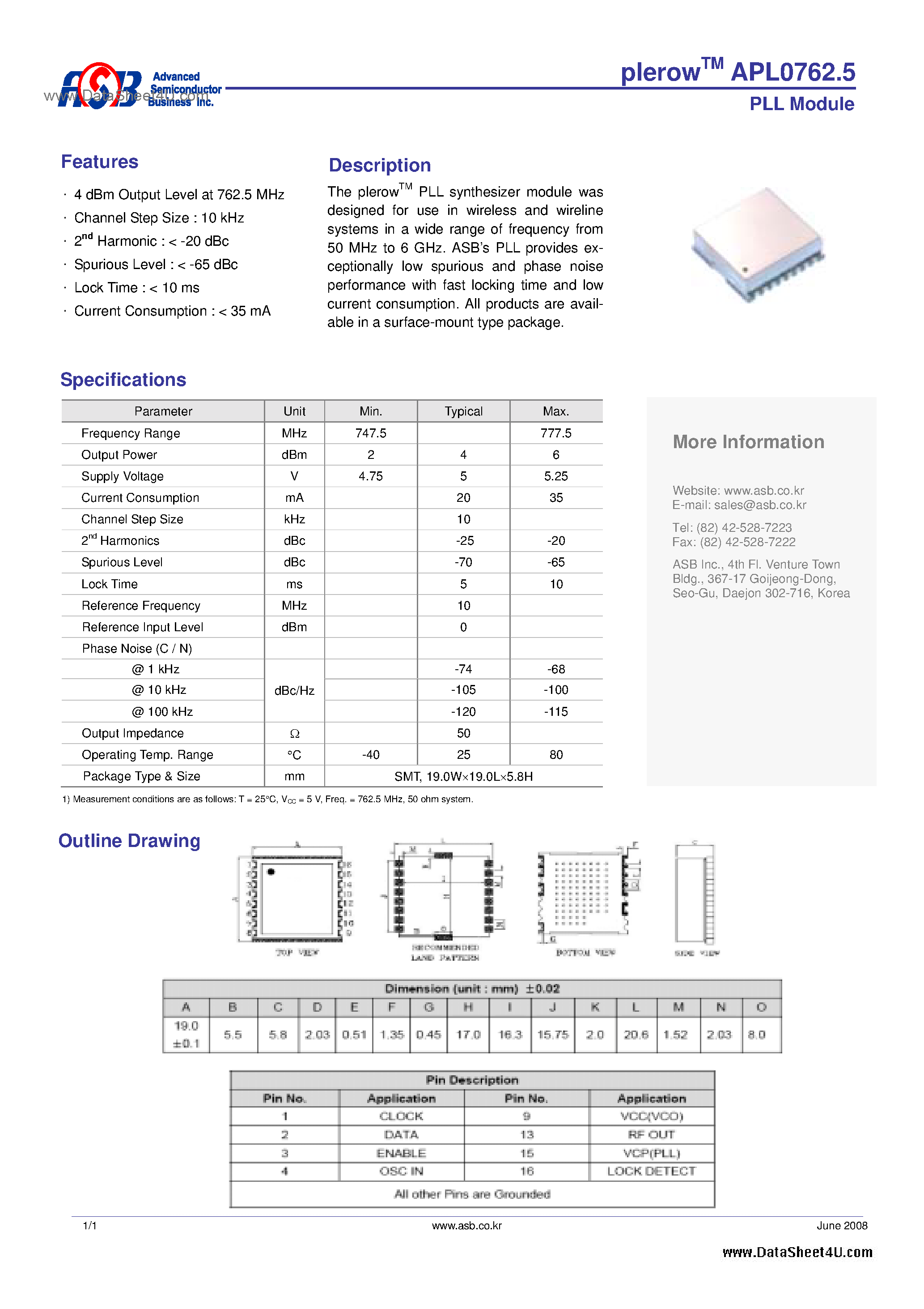 Datasheet APL0762.5 - PLL Module page 1