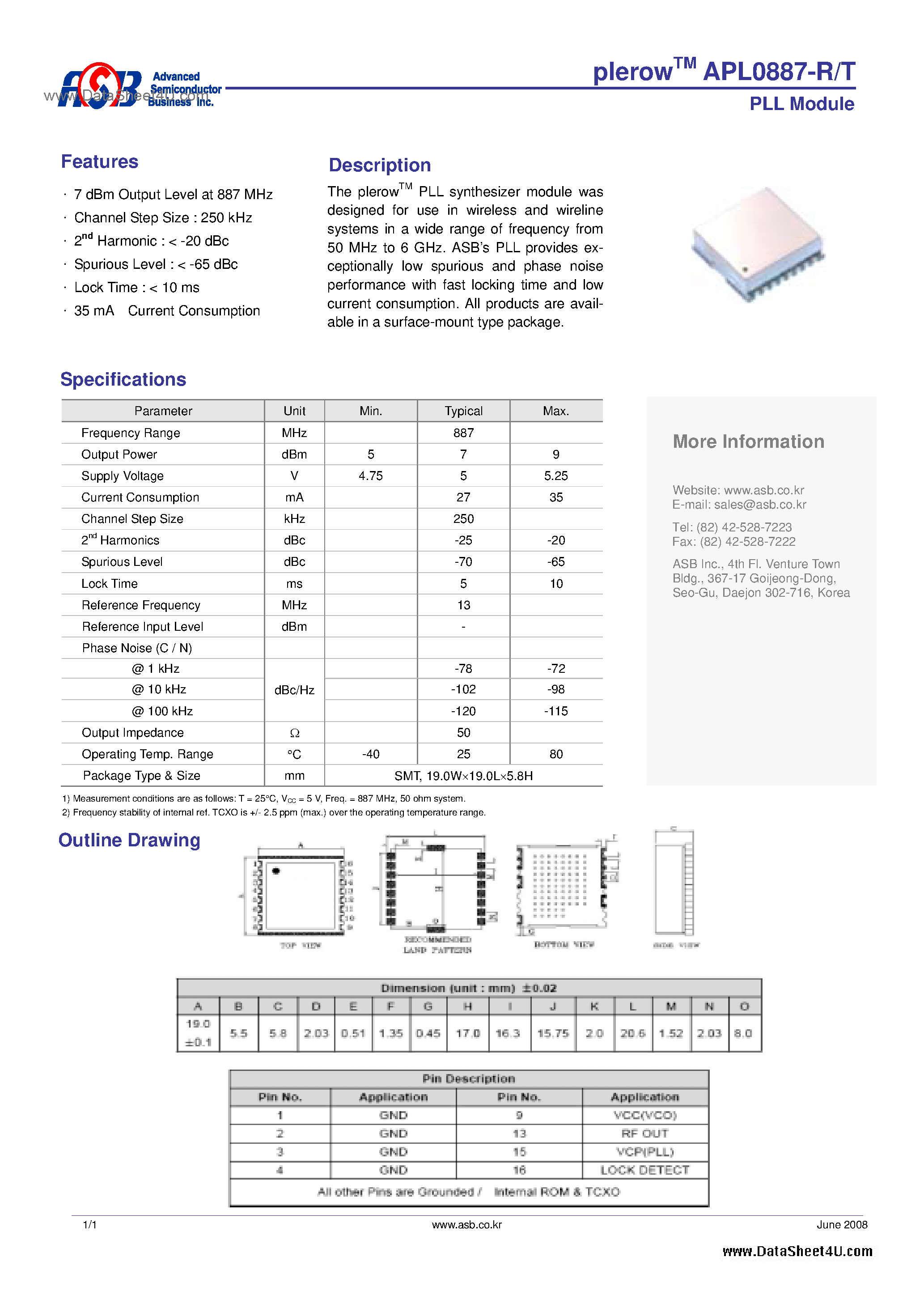 Datasheet APL0887-R page 1 Datasheet APL0887-R - PLL Module page 1