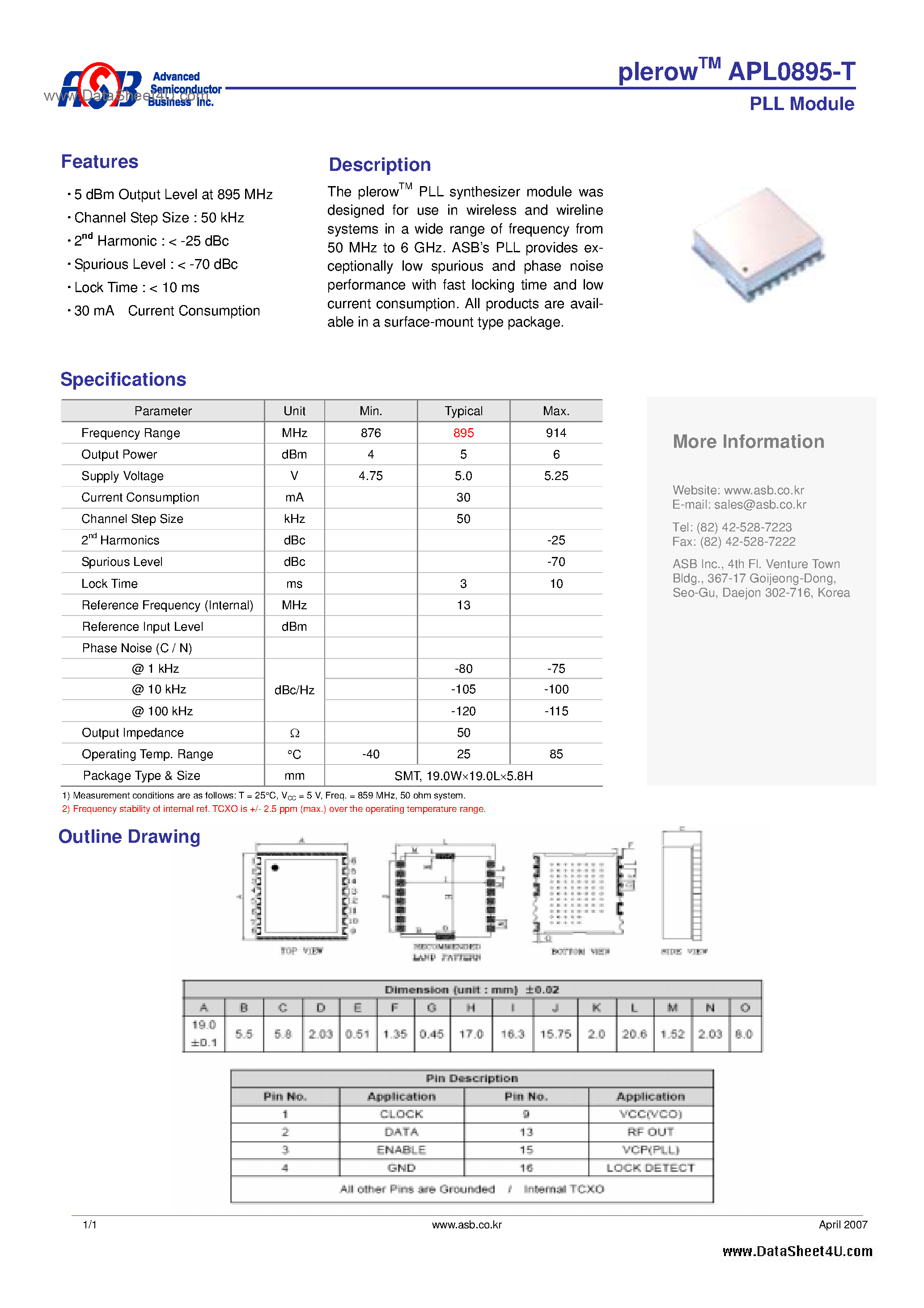Datasheet APL0895-T page 1 Datasheet APL0895-T - PLL Module page 1