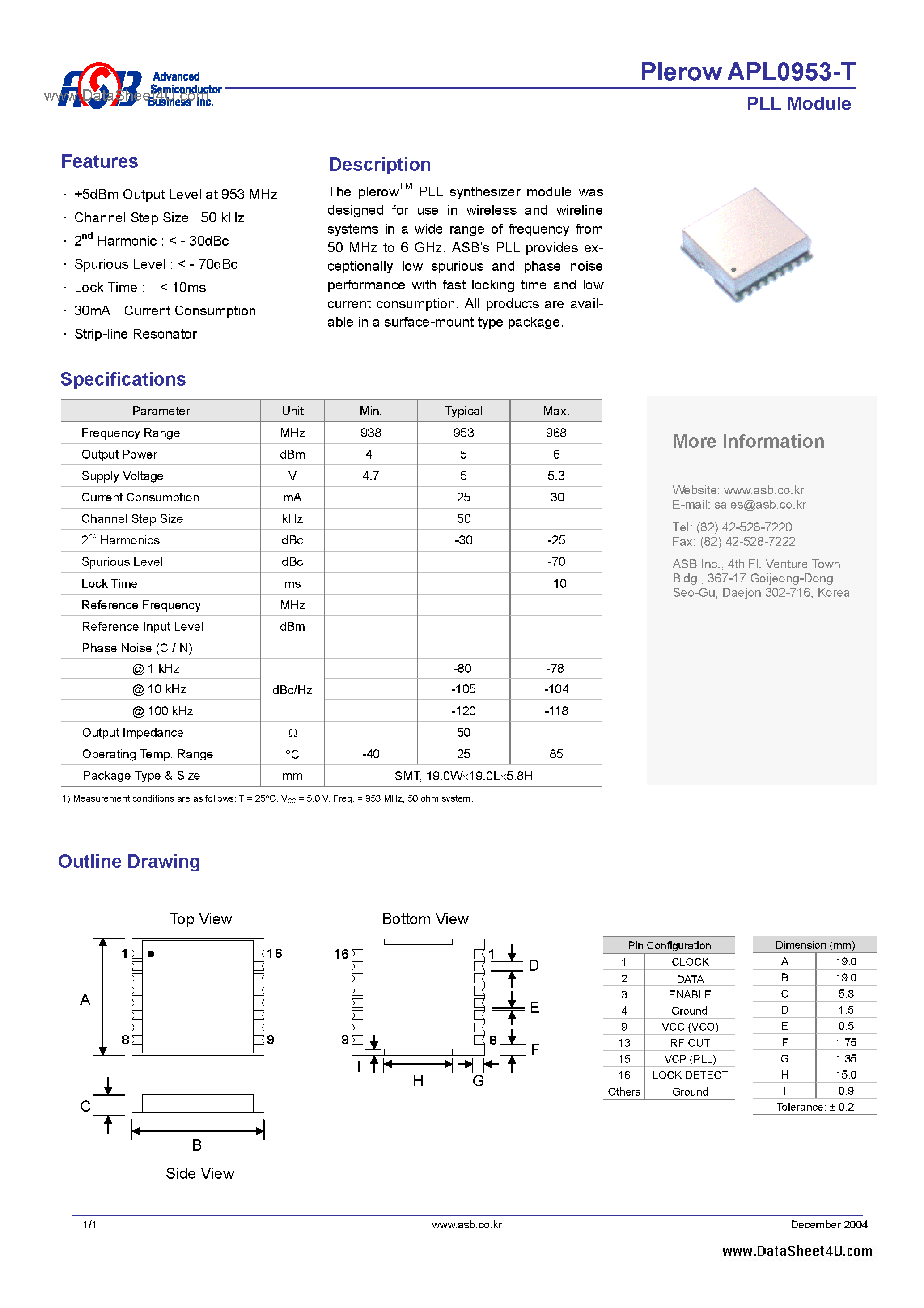 Даташит APL0953-T - PLL Module страница 1
