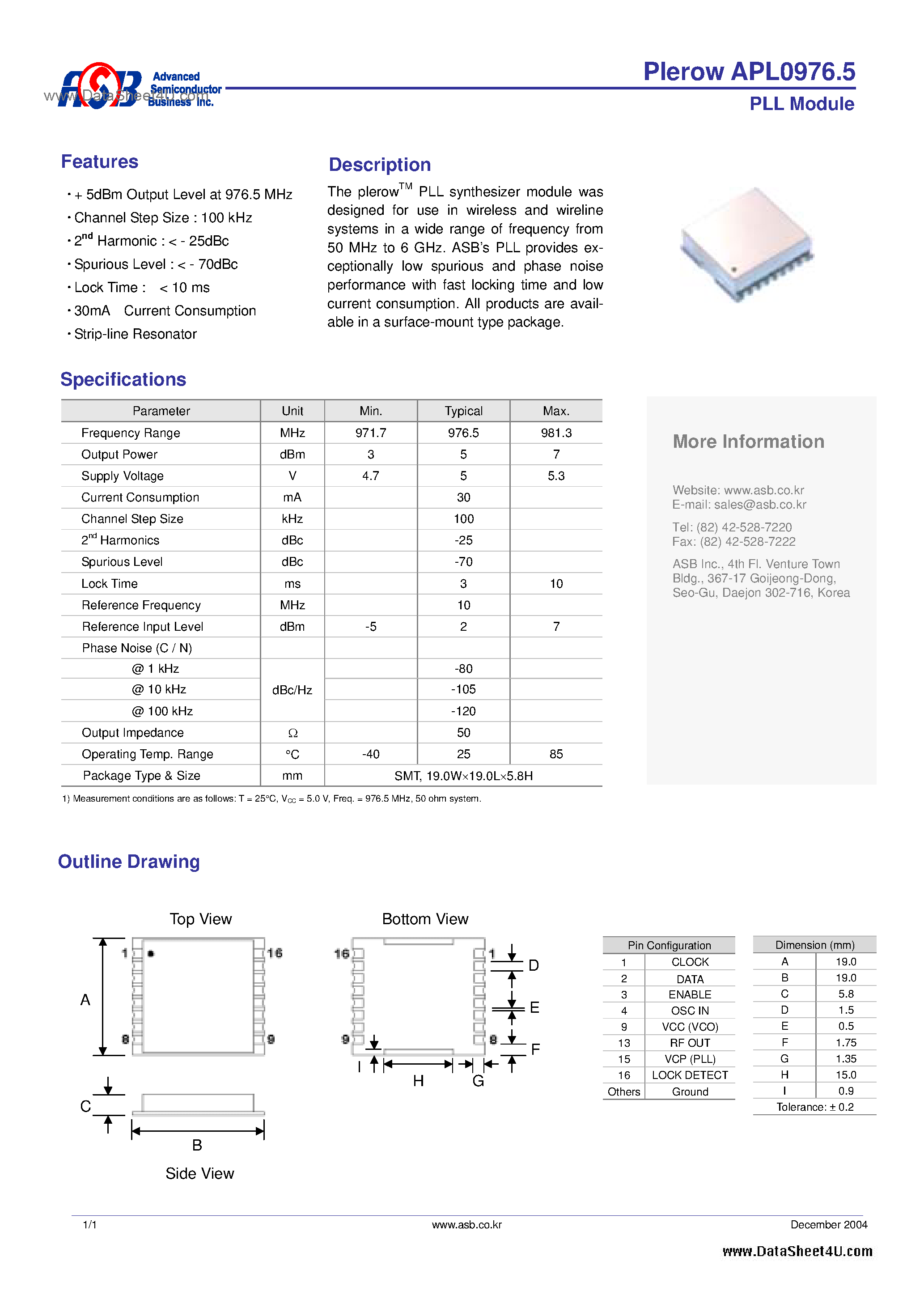Datasheet APL0976.5 - PLL Module page 1