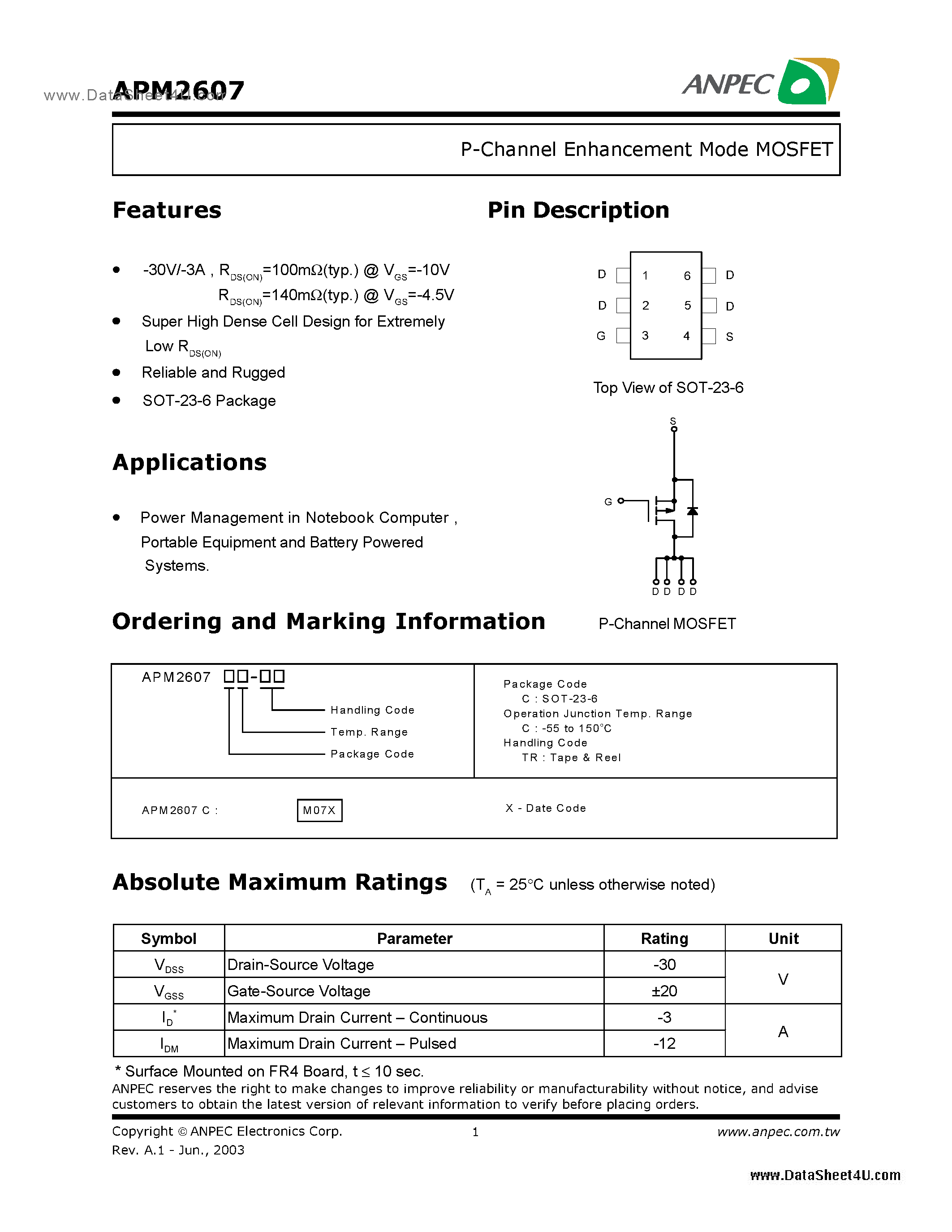 Даташит APM2607 - P-Channel Enhancement Mode MOSFET страница 1
