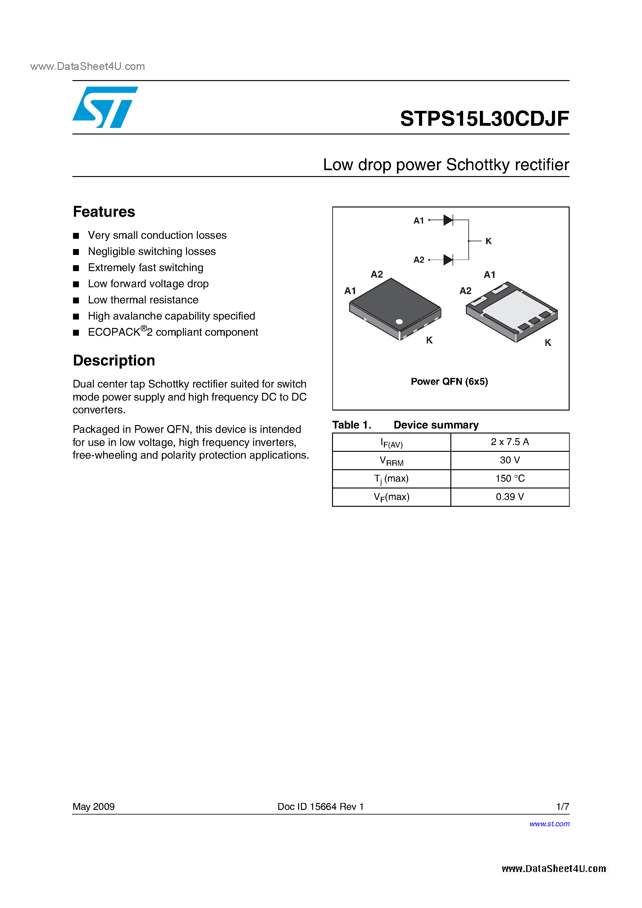 Datasheet STPS15L30CDJF - Low drop power Schottky rectifier page 1