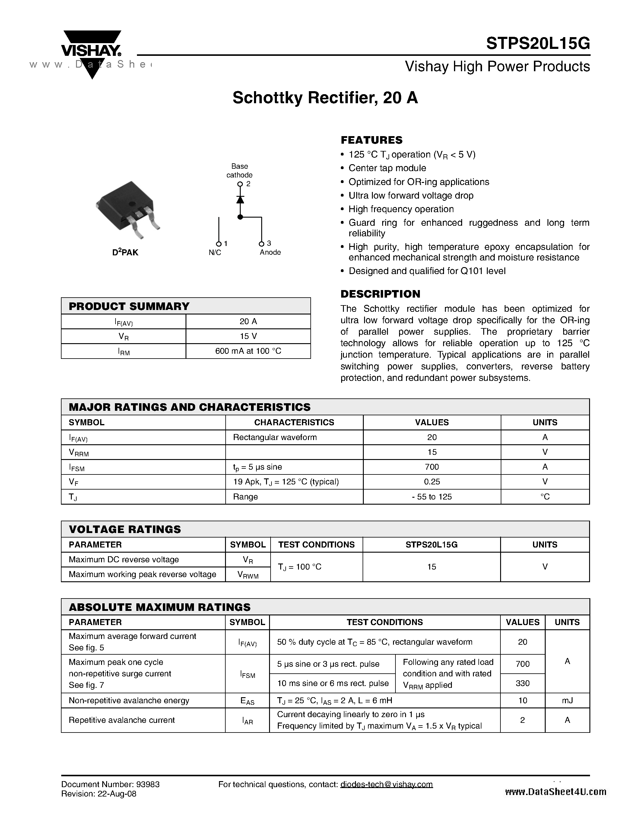 Datasheet STPS20L15G - Schottky Rectifier page 1