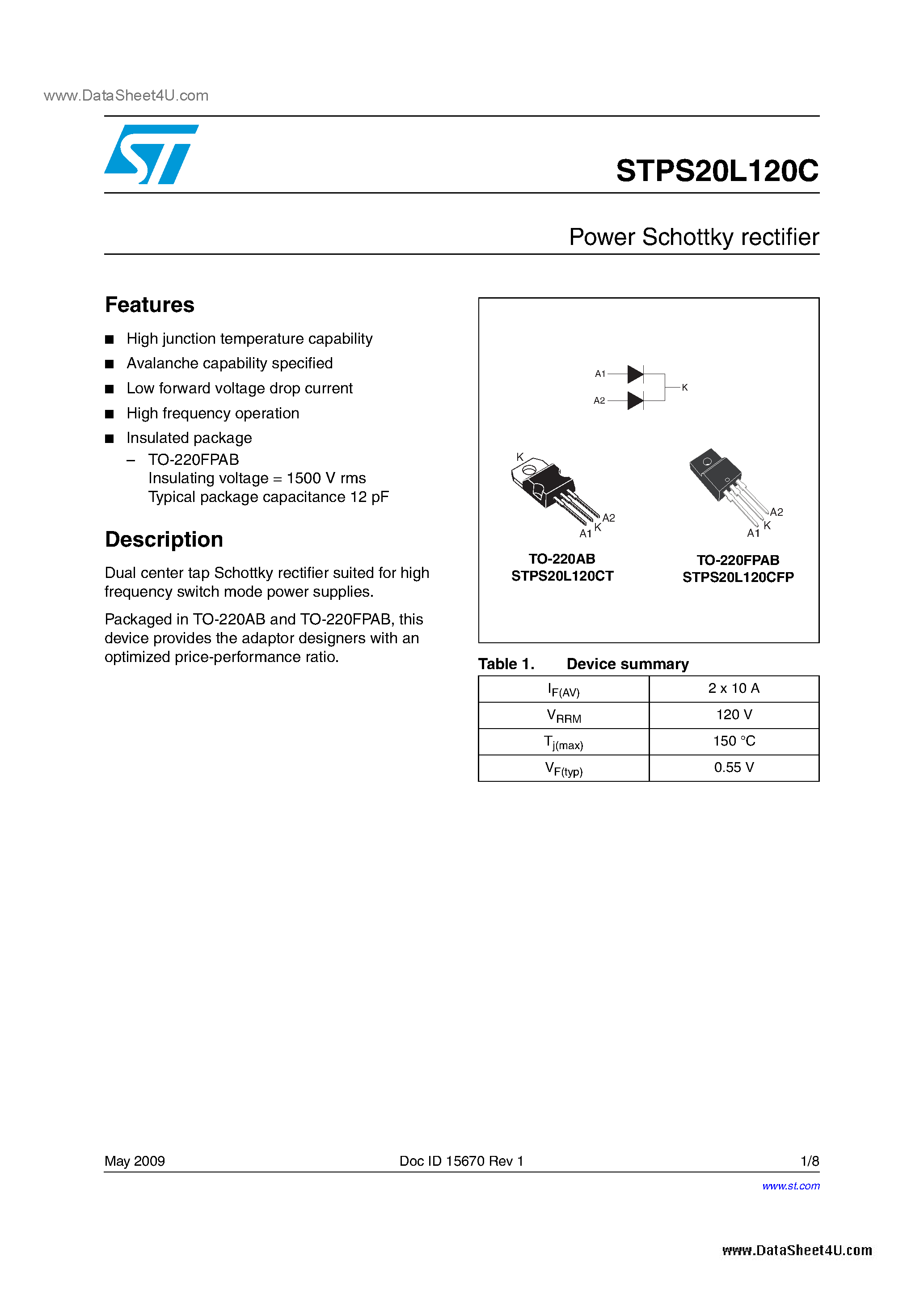 Datasheet STPS20L120C page 1 Datasheet STPS20L120C - Low drop power Schottky rectifier page 1