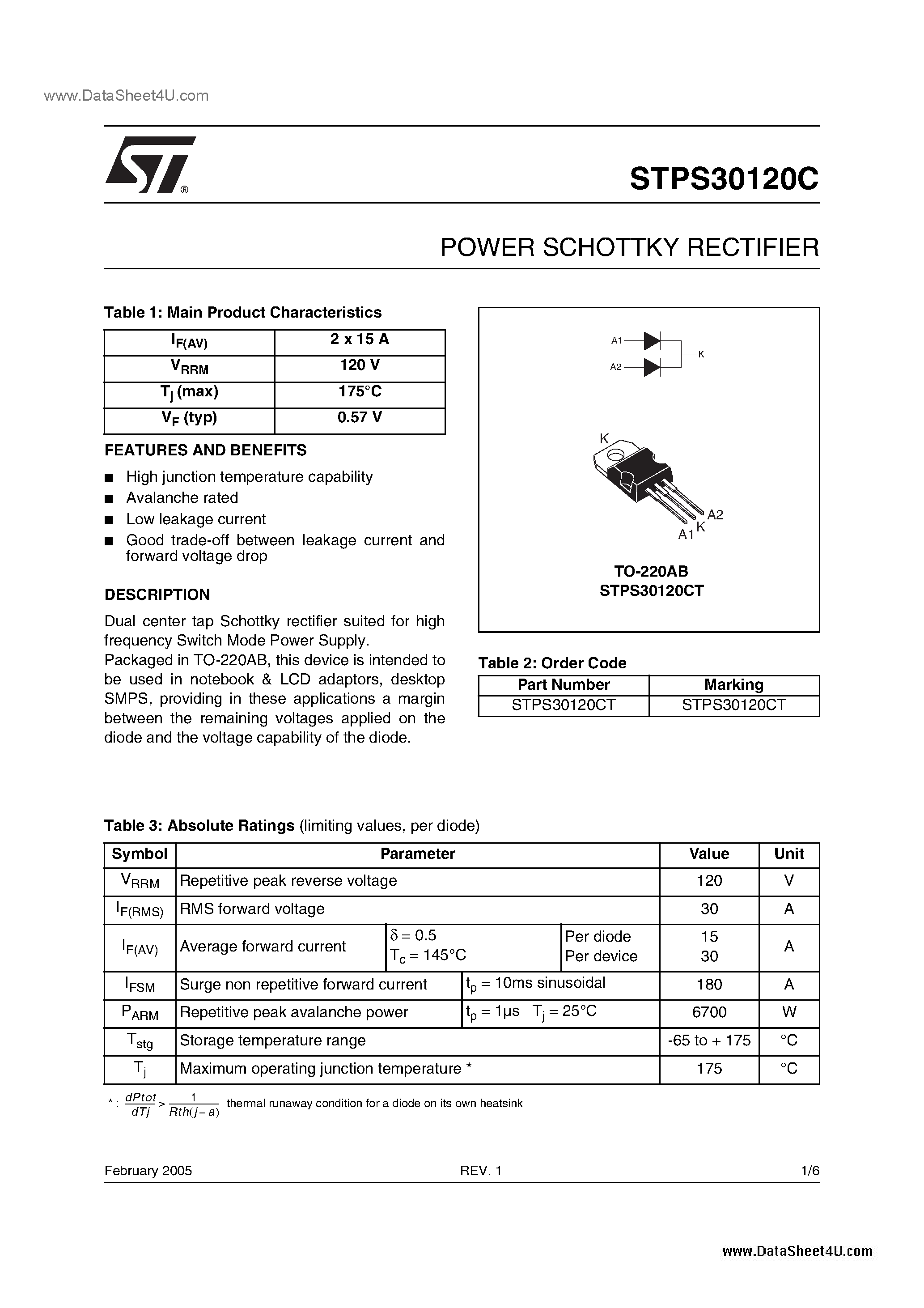 Datasheet STPS30120C - Power Schottky Rectifier page 1