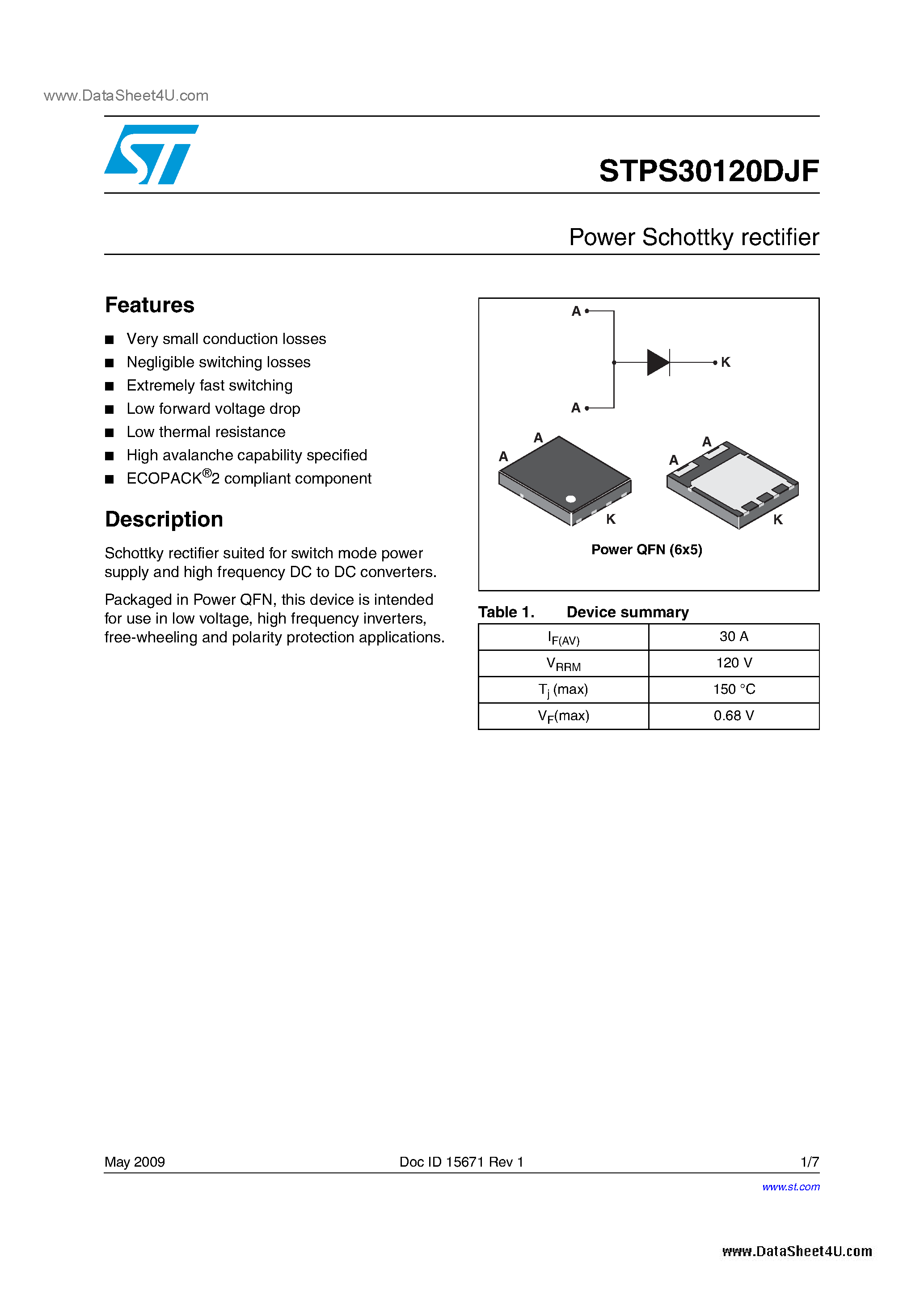 Datasheet STPS30120DJF - Low drop power Schottky rectifier page 1