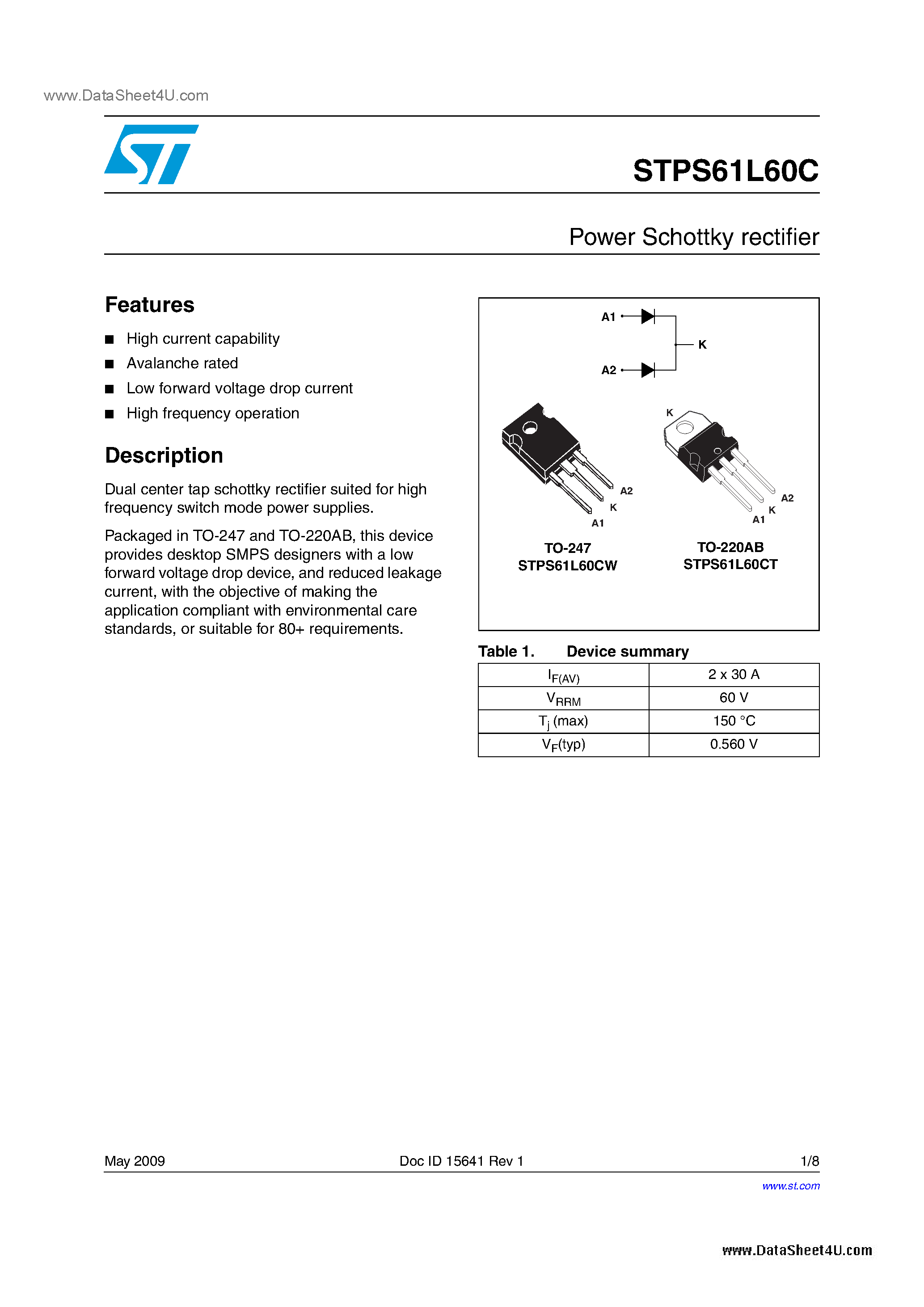 Datasheet STPS61L60C - Low drop power Schottky rectifier page 1