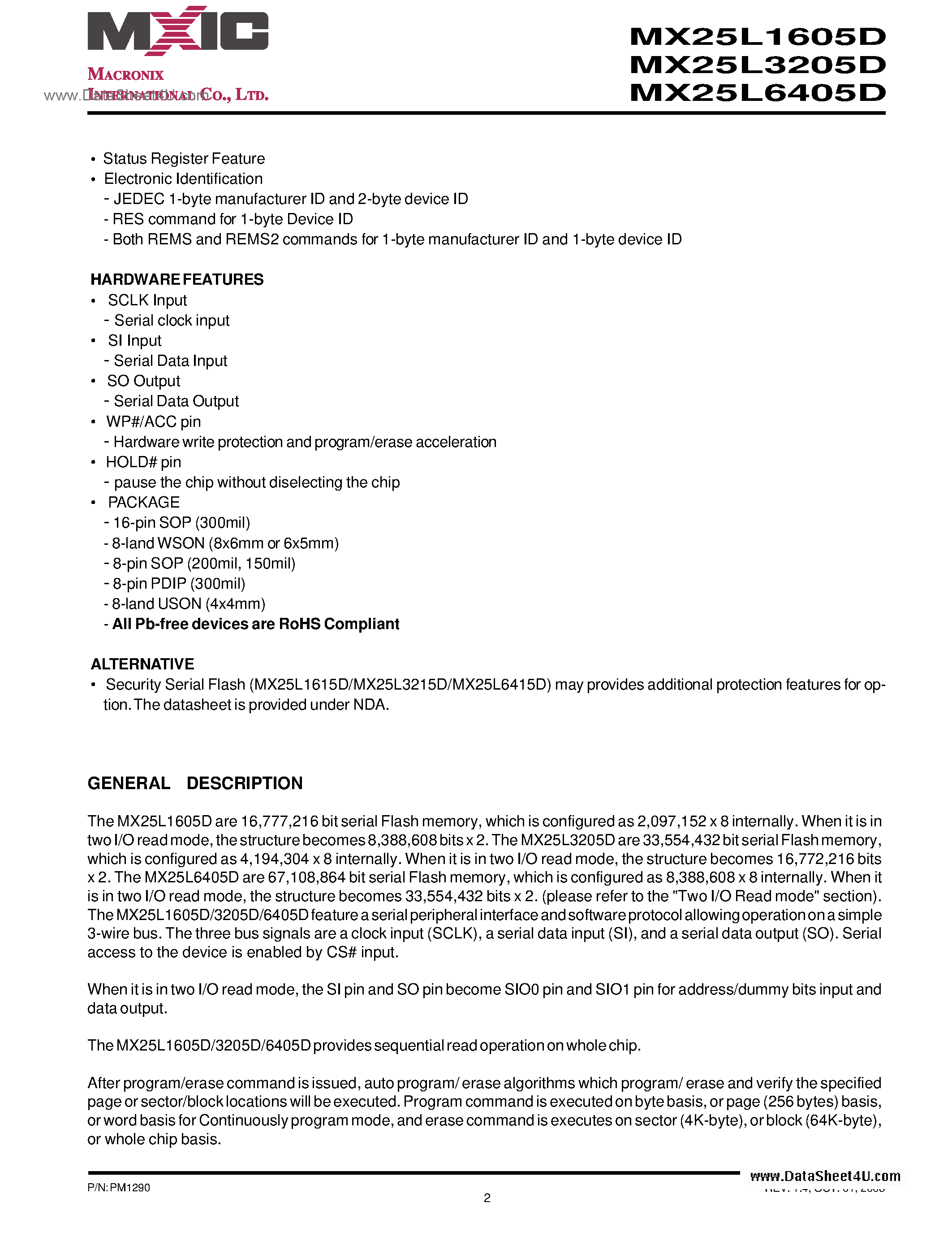 Даташит MX25L1605D - (MX25L1605D - MX25L6405D) 16M-BIT [x 1 / x 2] CMOS SERIAL FLASH страница 2