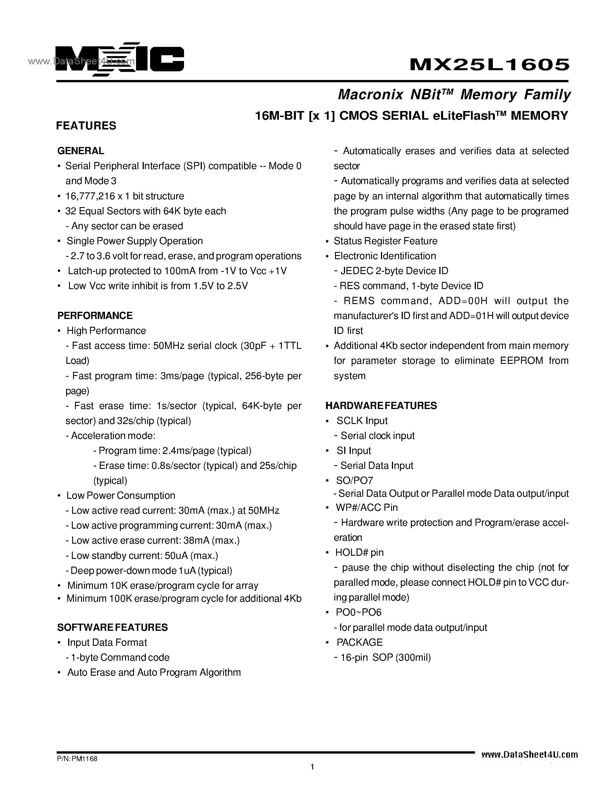 Datasheet MX25L1605 - 16M-BIT [x 1] CMOS SERIAL FLASH page 1