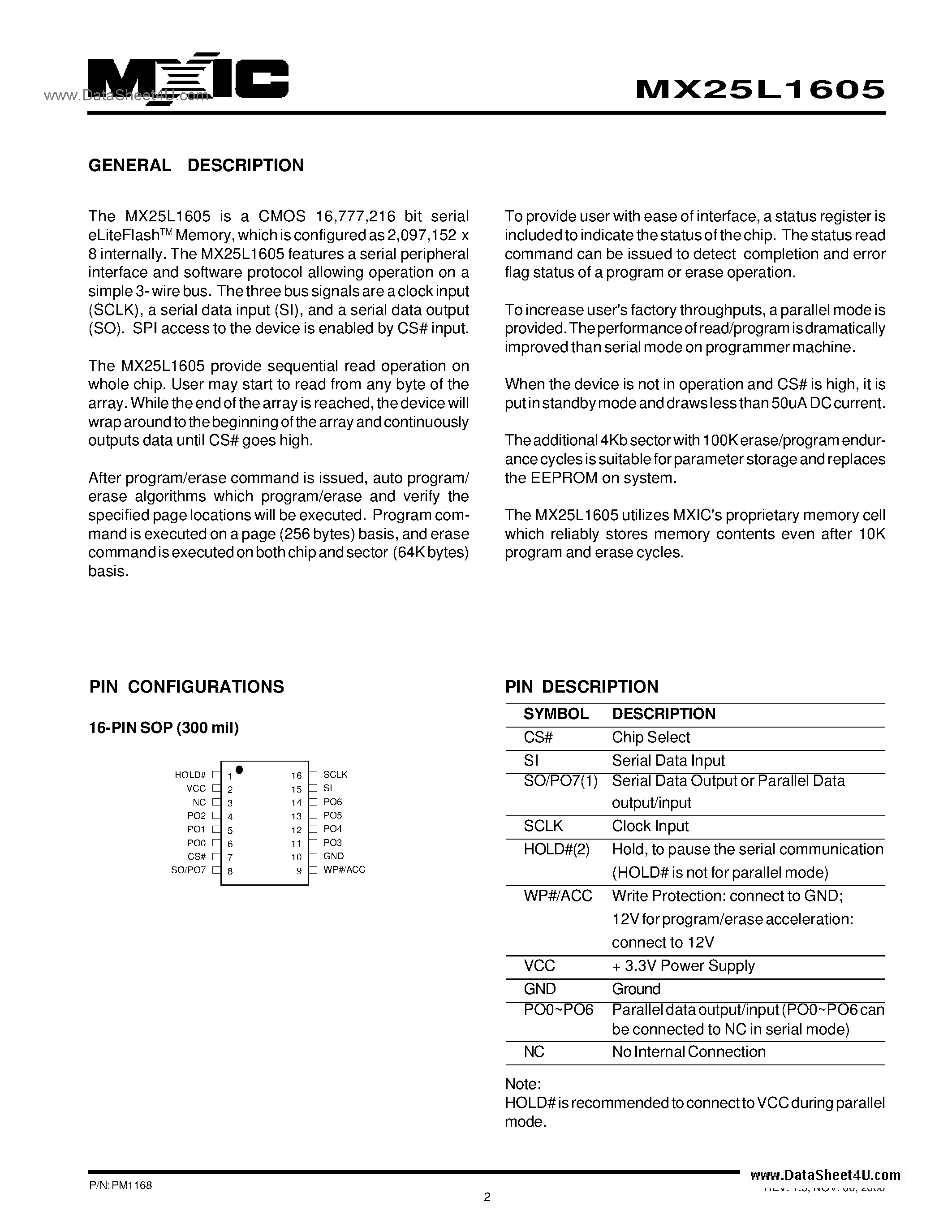 Datasheet MX25L1605 - 16M-BIT [x 1] CMOS SERIAL FLASH page 2