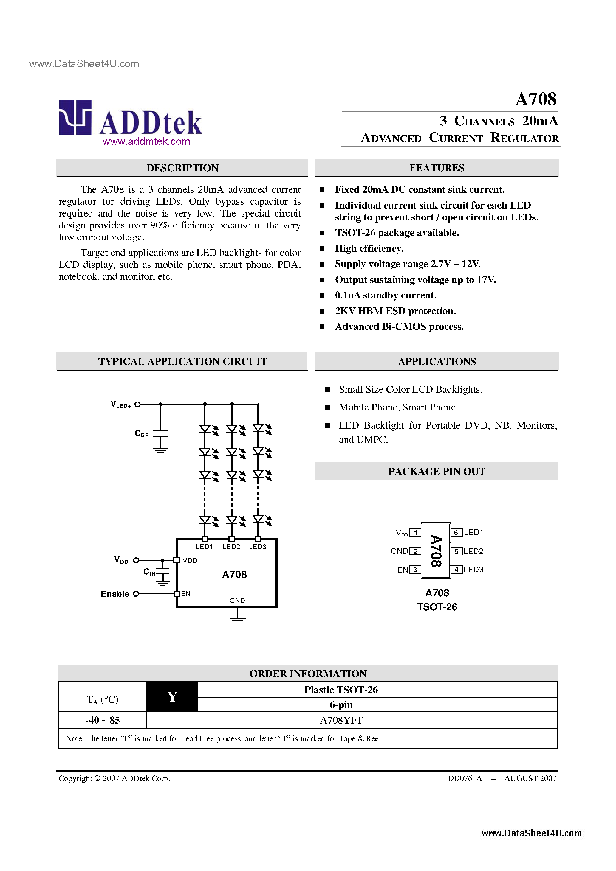 Datasheet A708 - 3 CHANNELS 20mA ADVANCED CURRENT REGULATOR page 1