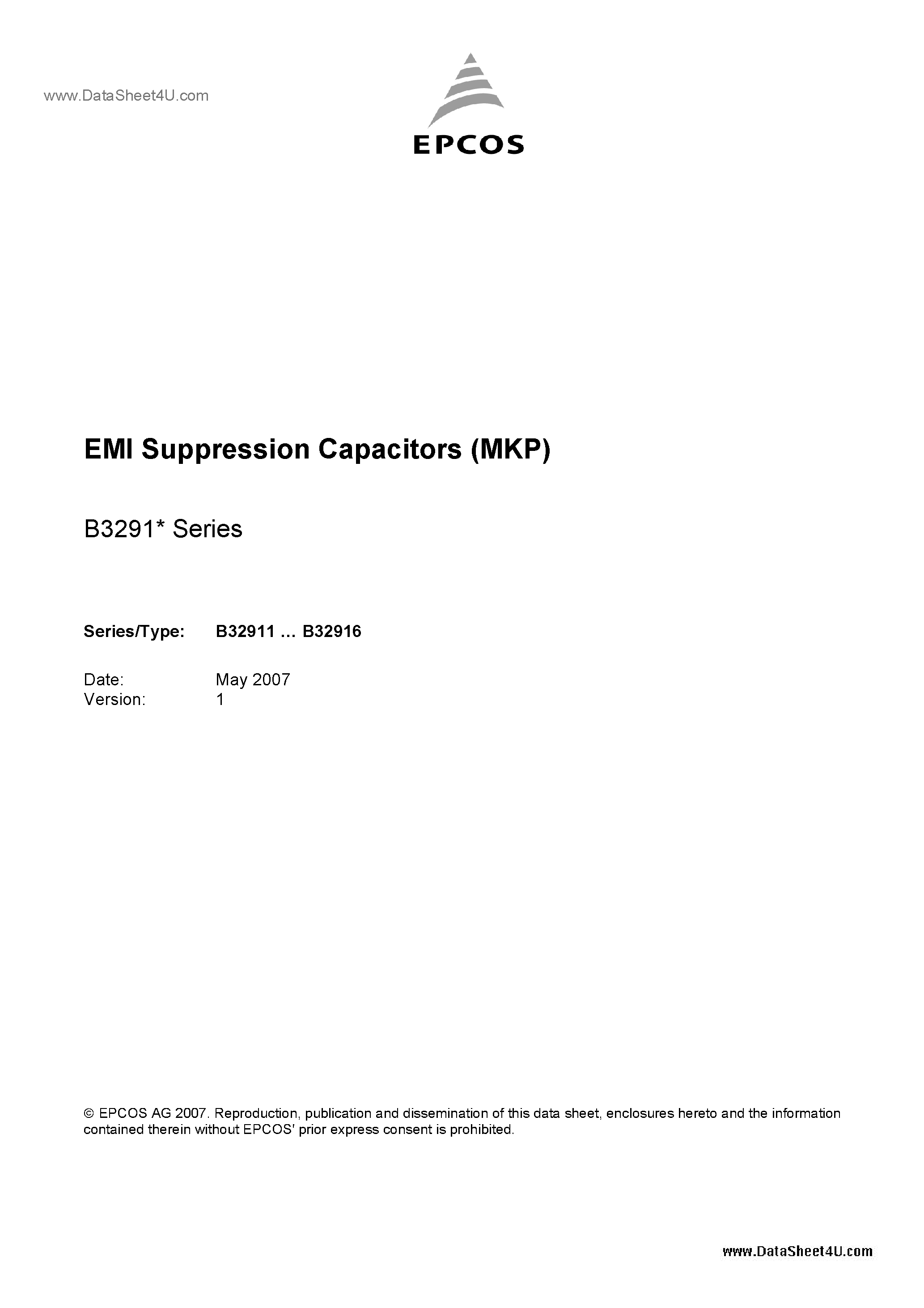 Datasheet B3291x - EMI Suppression Capacitors page 1
