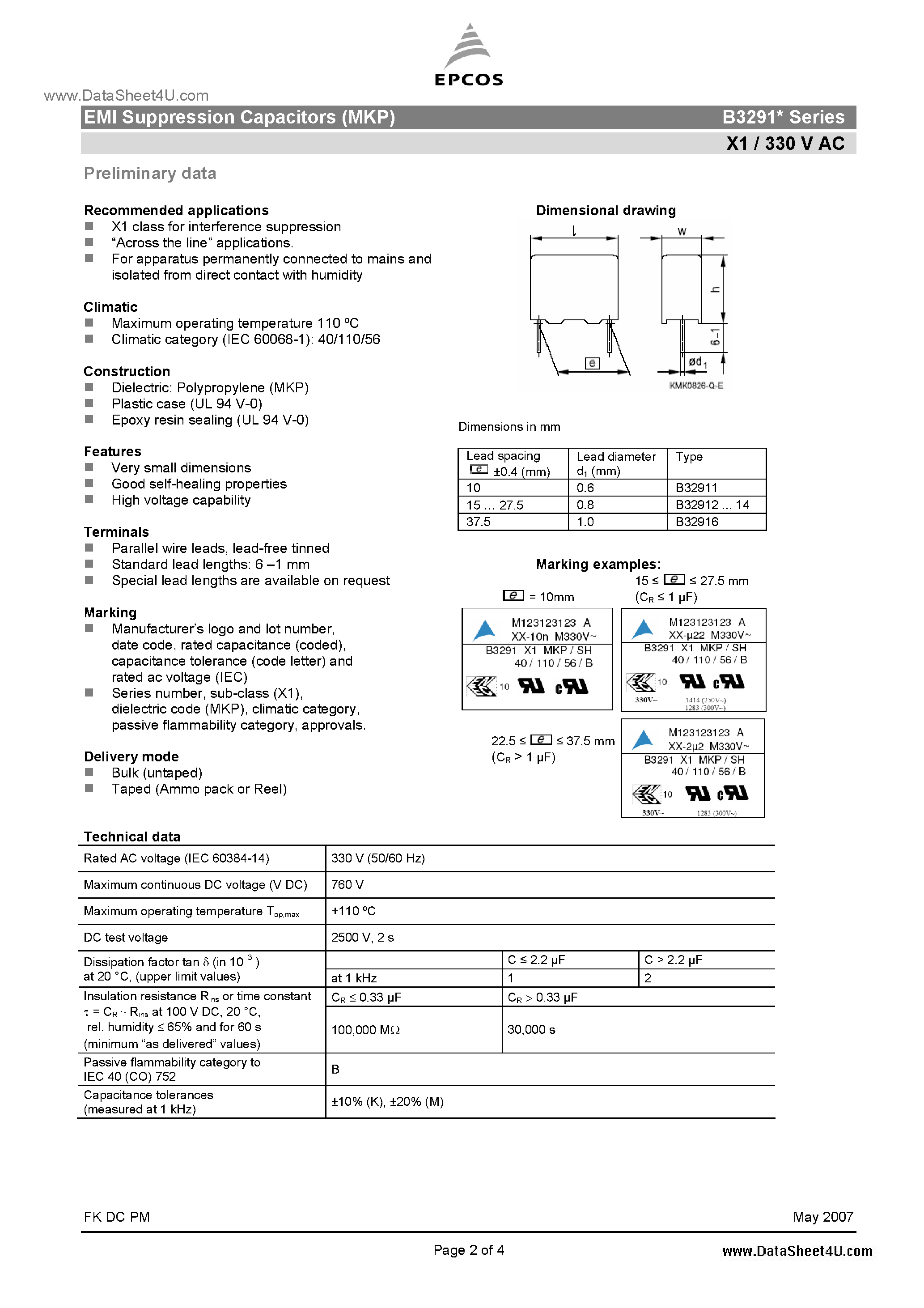 Datasheet B3291x - EMI Suppression Capacitors page 2
