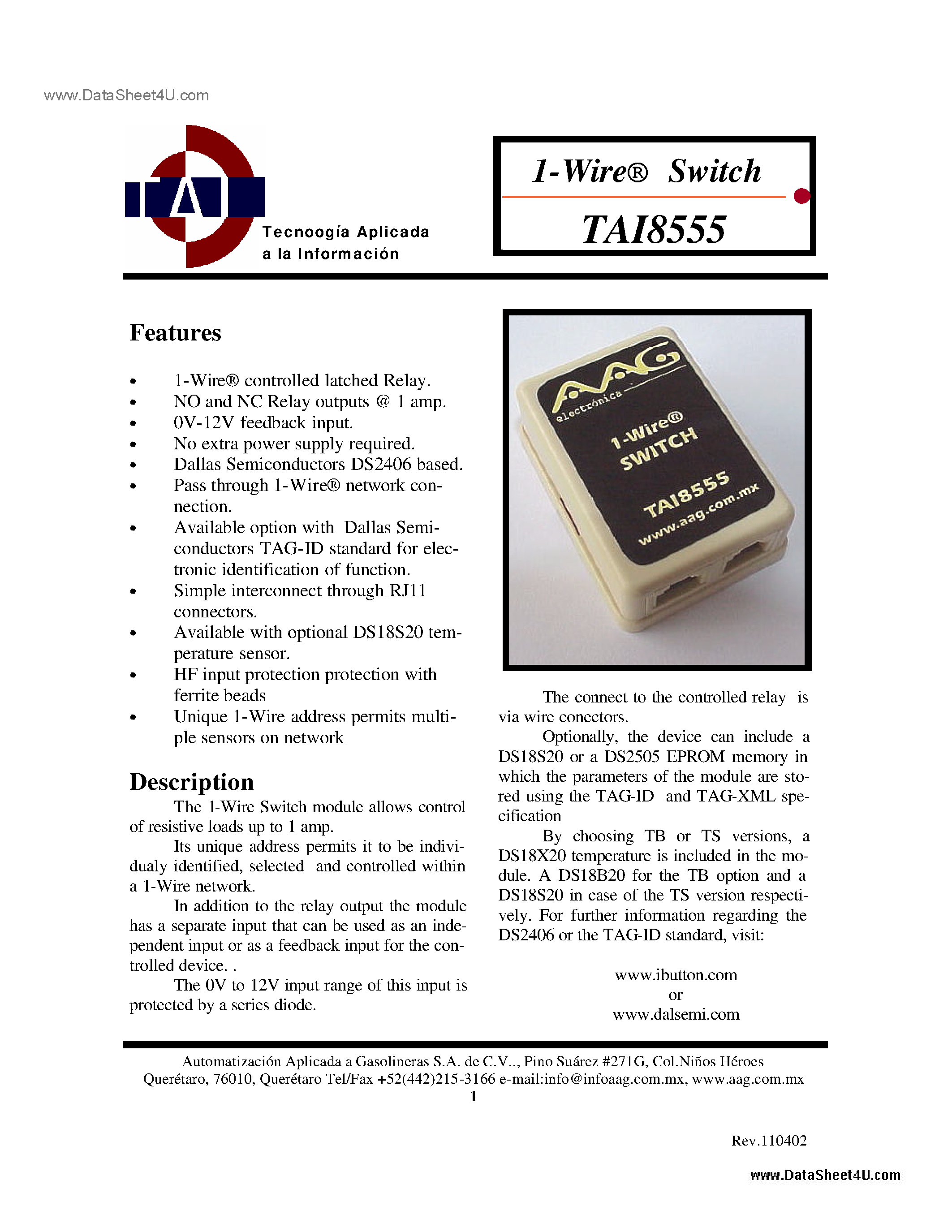 Datasheet TAI8555 - 1-Wire Switch page 1