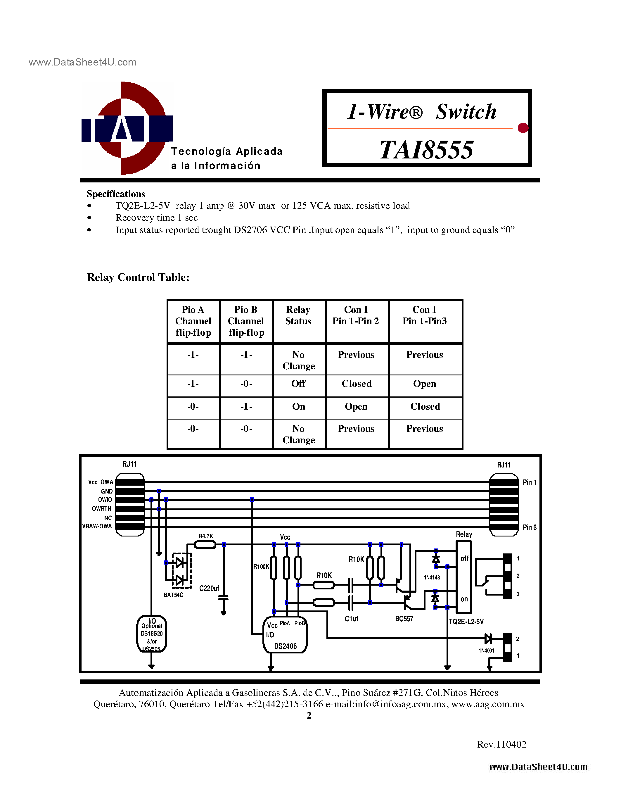 Datasheet TAI8555 - 1-Wire Switch page 2