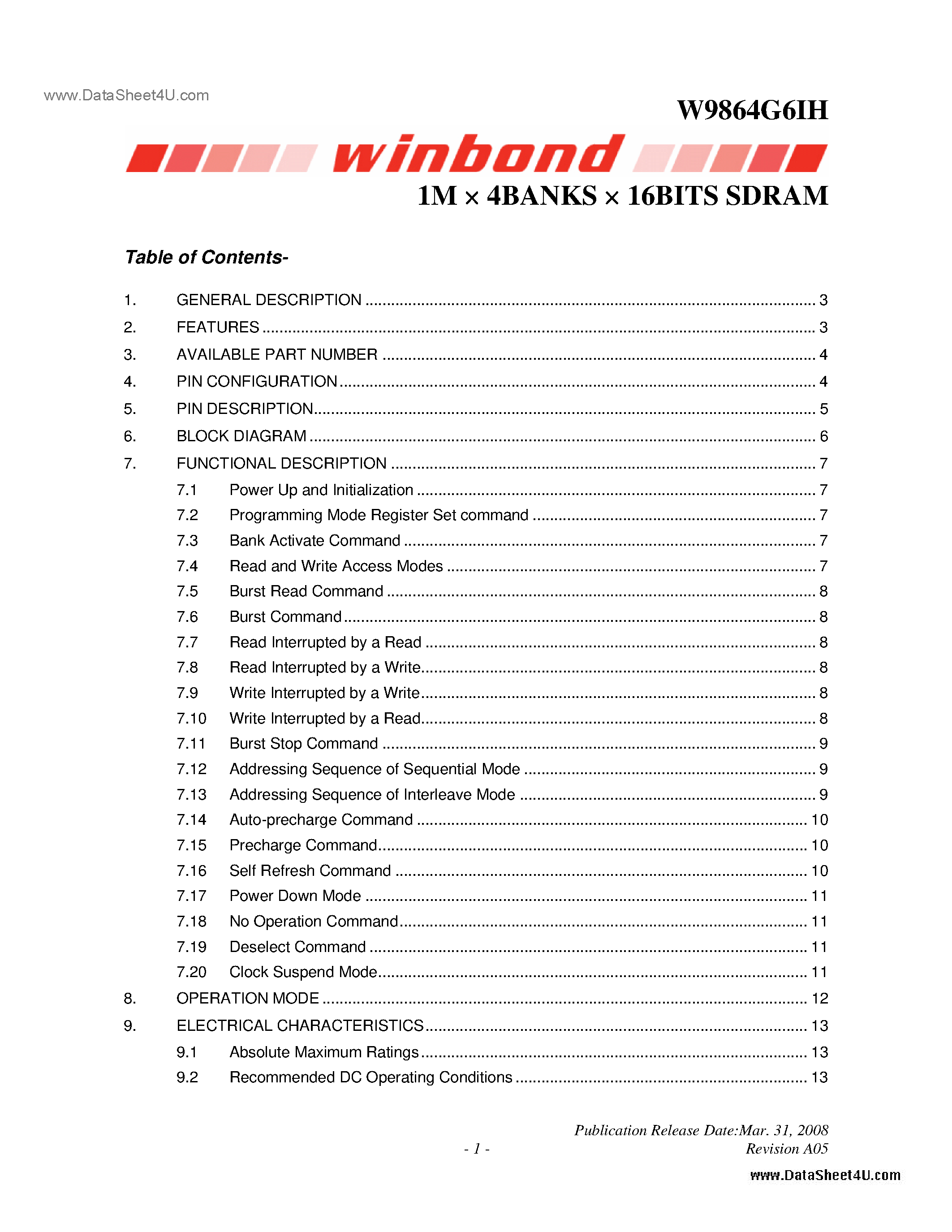 Datasheet W9864G6IH - 1M X 4BANKS X 16BITS SDRAM page 1