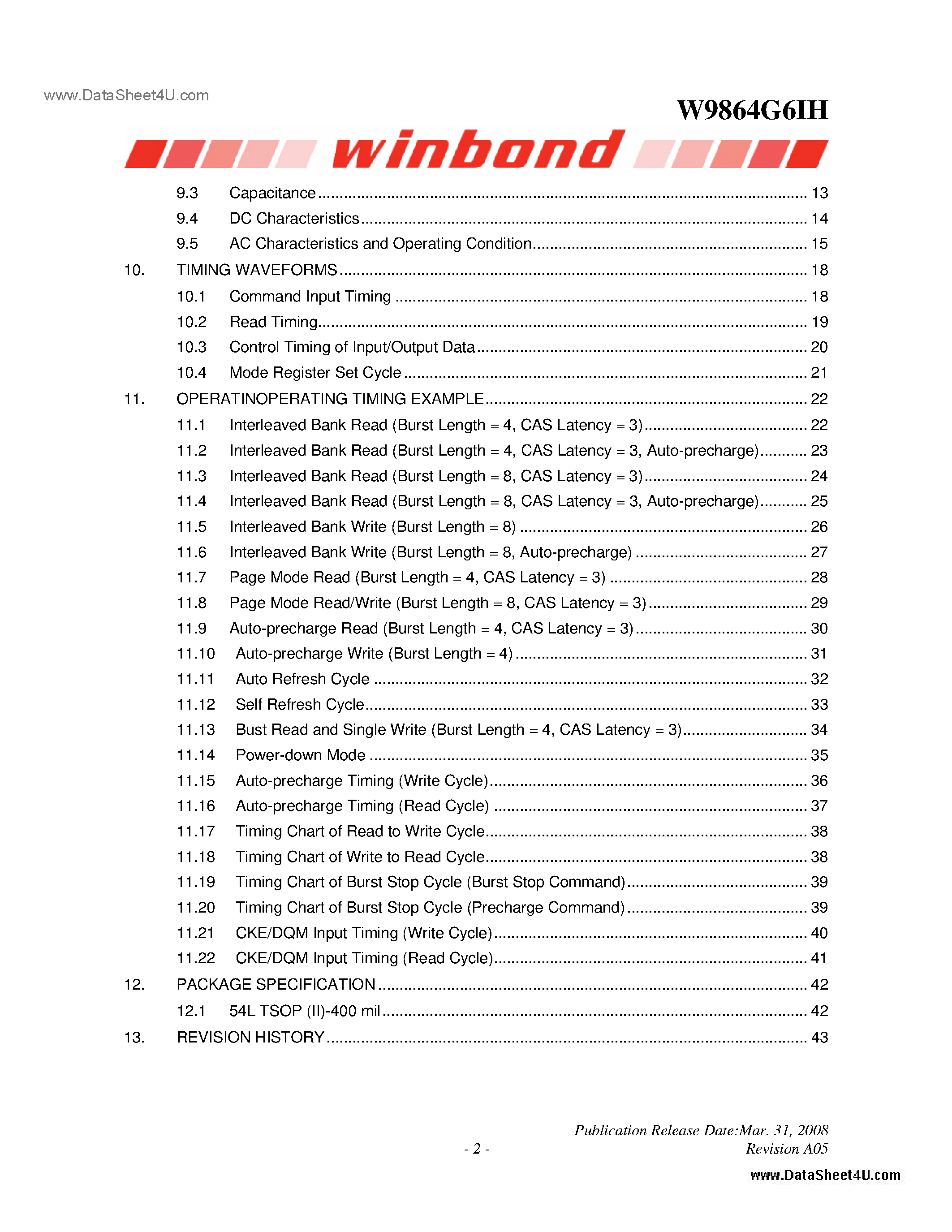 Datasheet W9864G6IH - 1M X 4BANKS X 16BITS SDRAM page 2