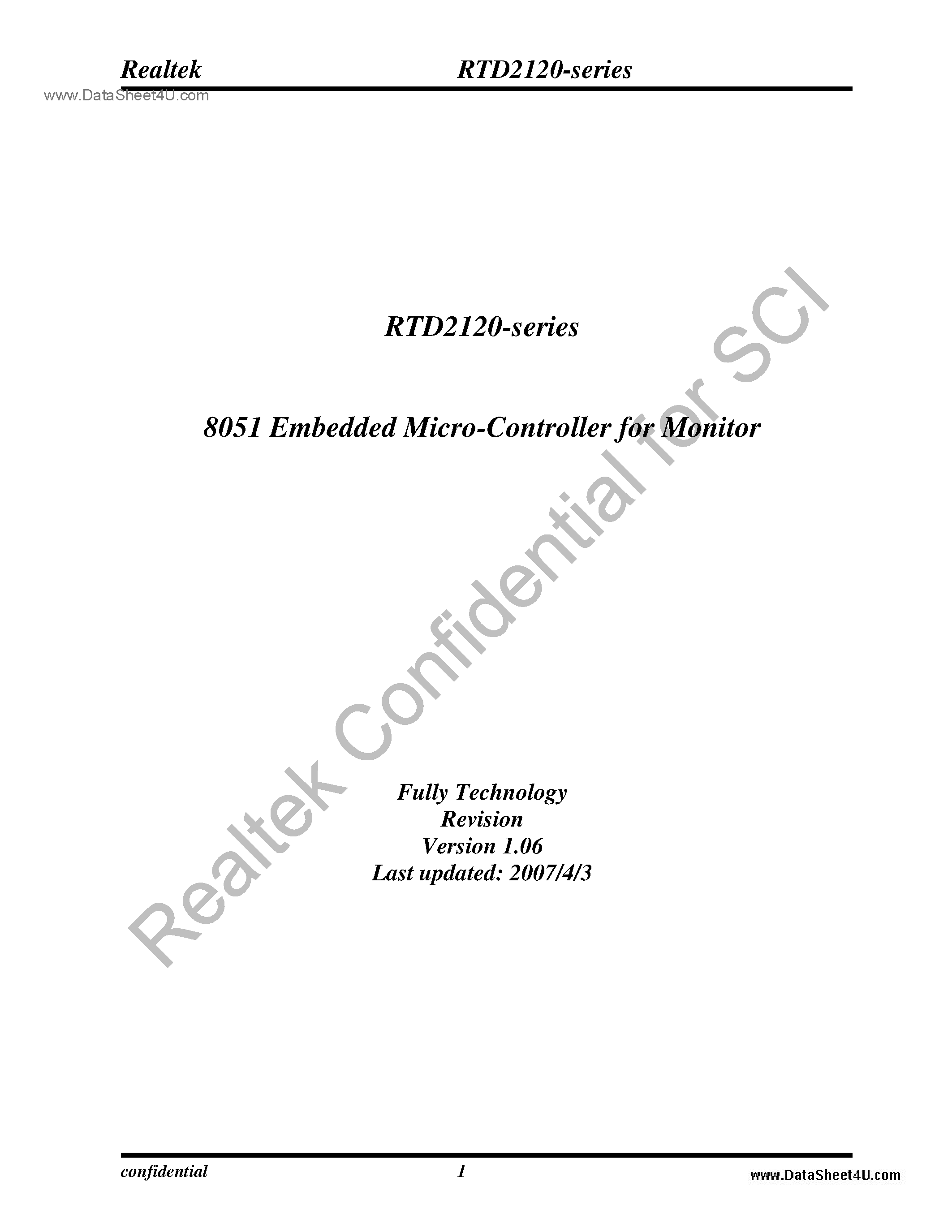 Datasheet RTD2120 page 1 Datasheet RTD2120 - 8051 Embedded Micro Controller page 1