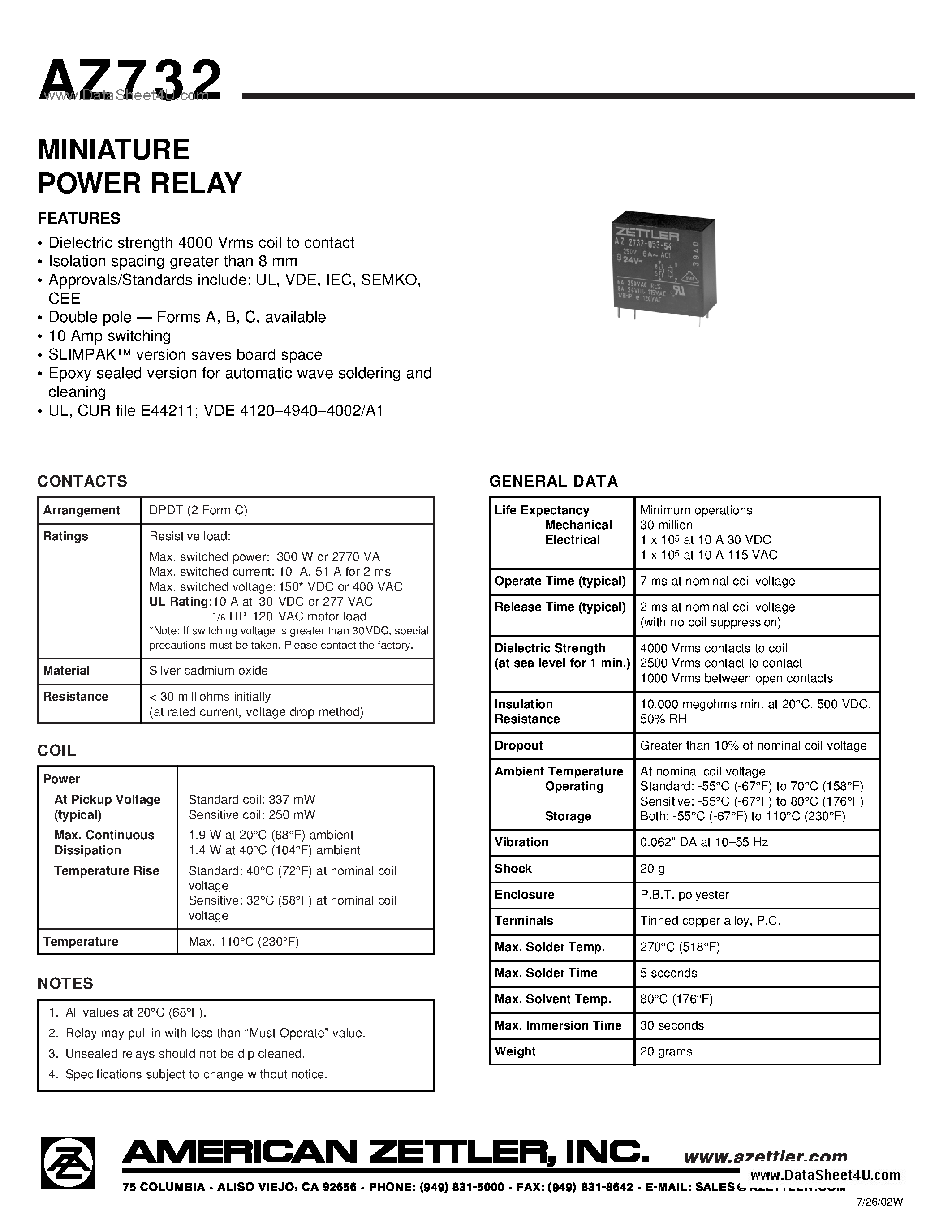 Даташит AZ732 - MINIATURE POWER RELAY страница 1