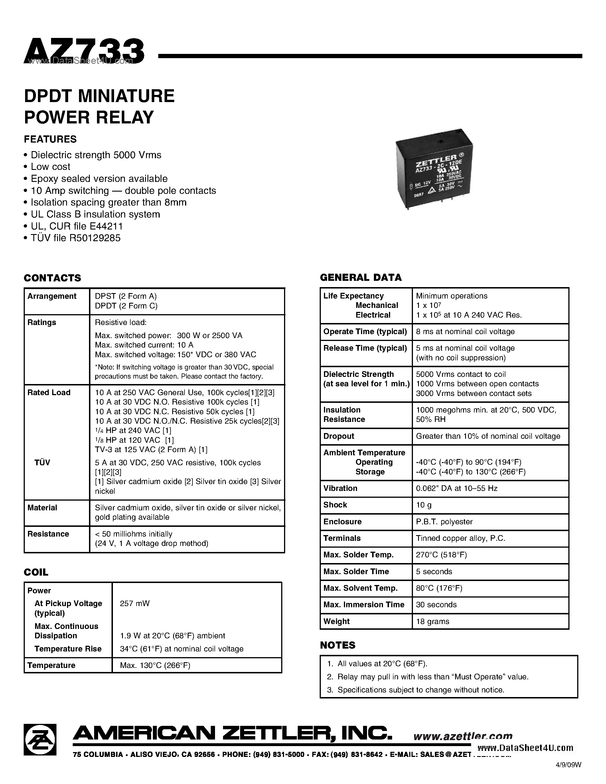 Даташит AZ733 - DPDT MINIATURE POWER RELAY страница 1
