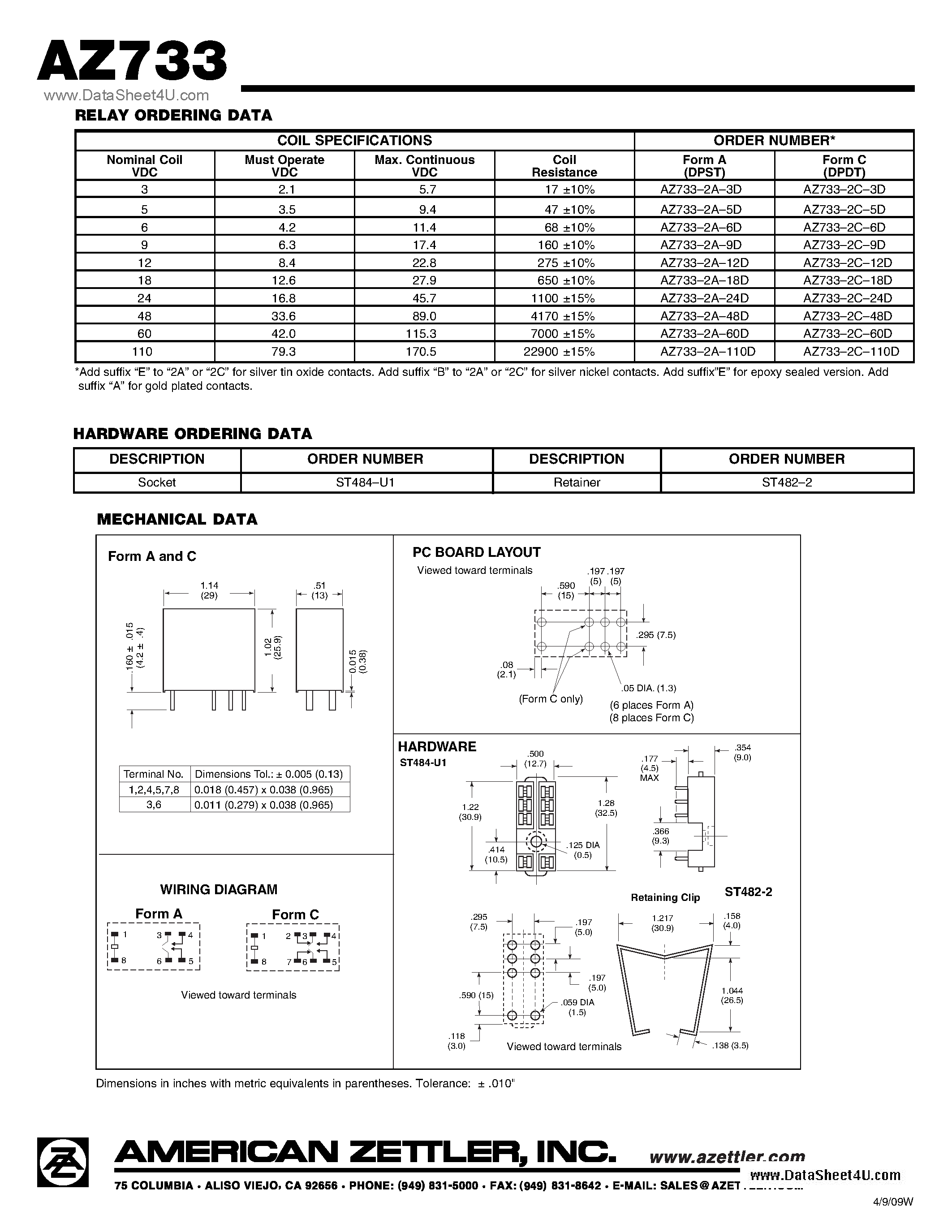 Даташит AZ733 - DPDT MINIATURE POWER RELAY страница 2