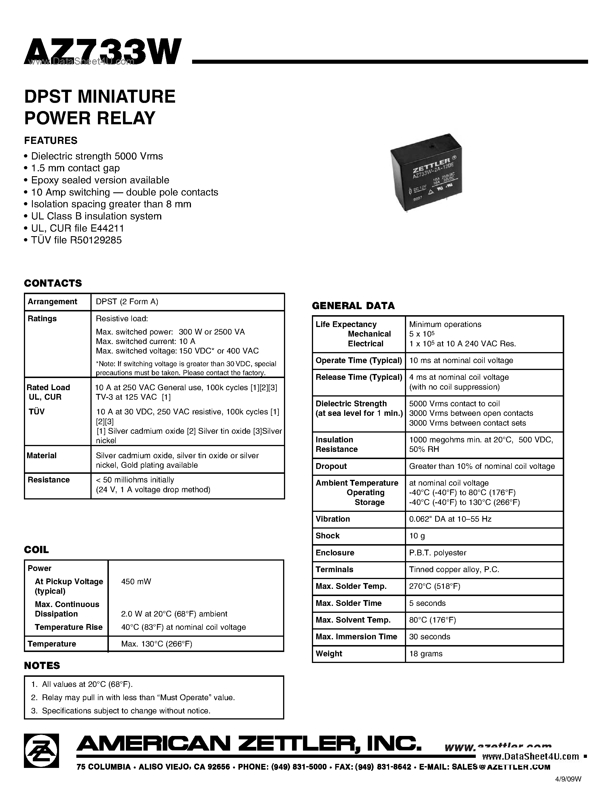 Даташит AZ733W - DPST MINIATURE POWER RELAY страница 1