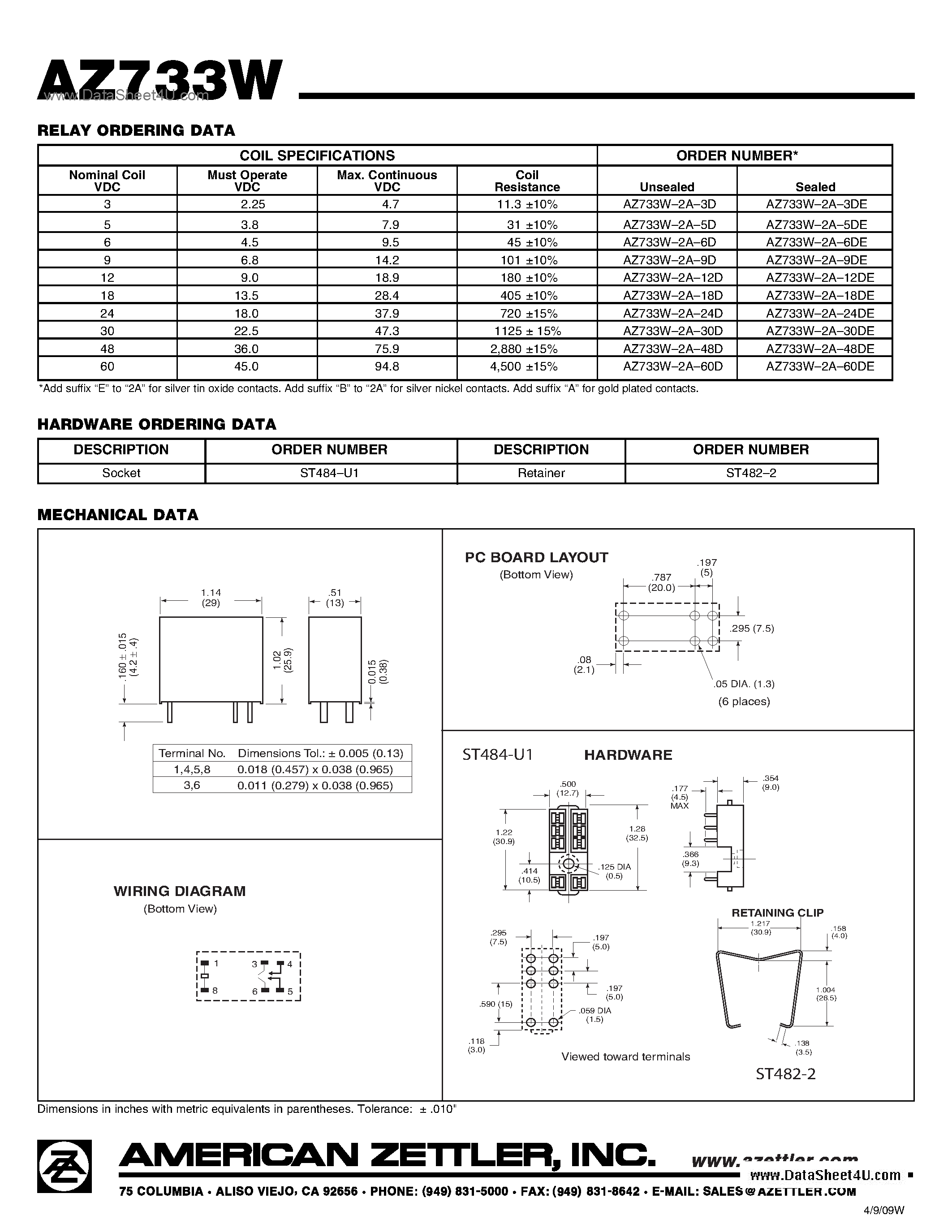Даташит AZ733W - DPST MINIATURE POWER RELAY страница 2