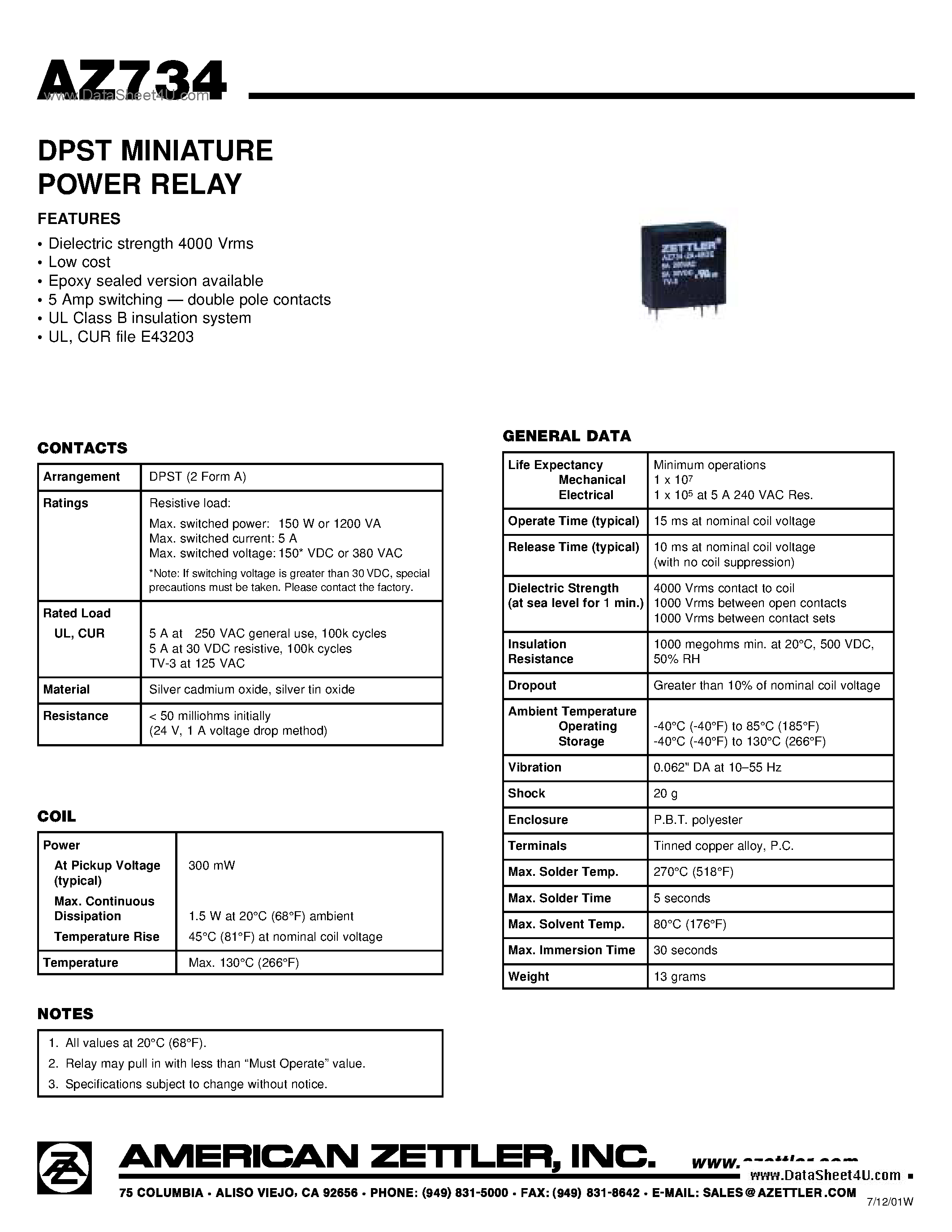 Даташит AZ734 - DPST MINIATURE POWER RELAY страница 1
