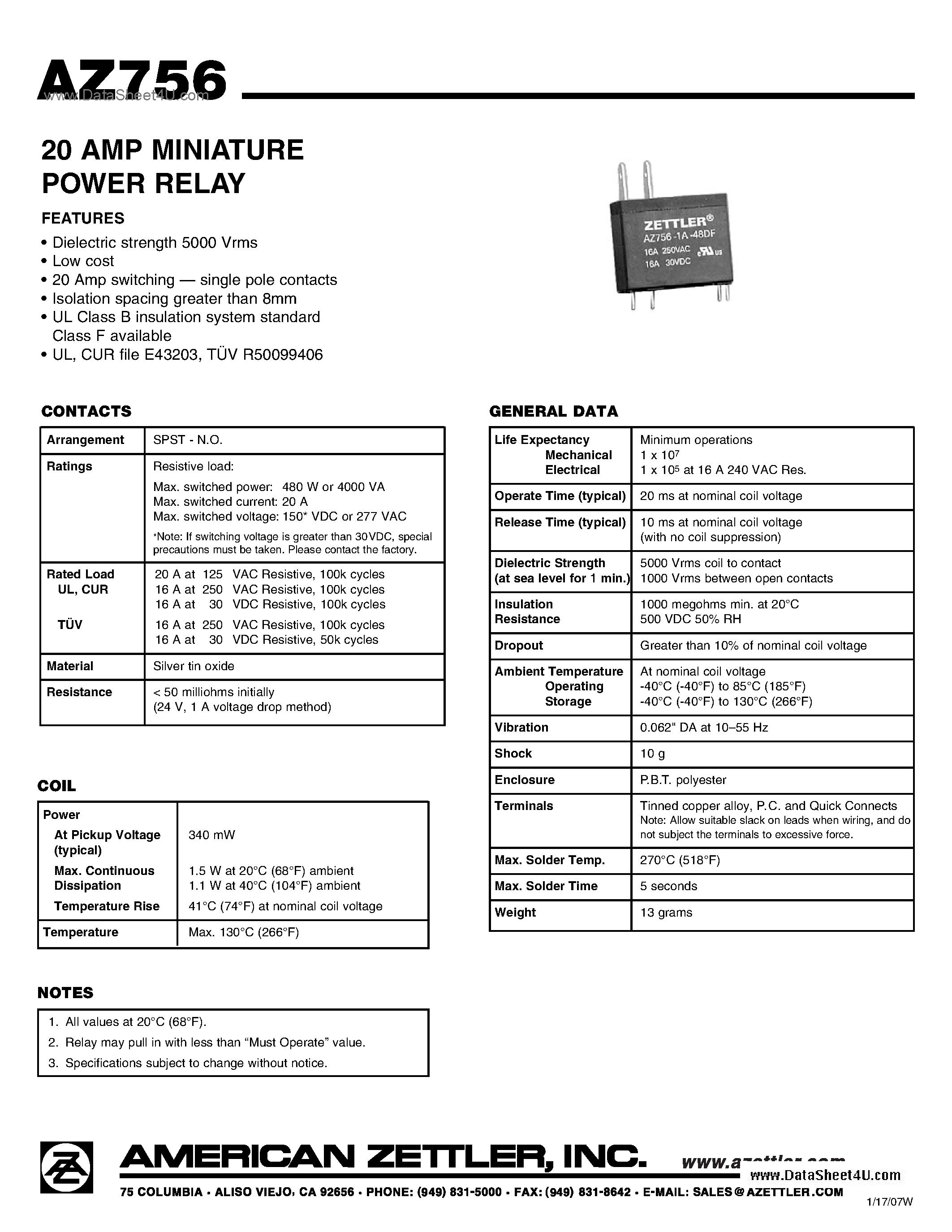 Даташит AZ756 - 20 AMP MINIATURE POWER RELAY страница 1