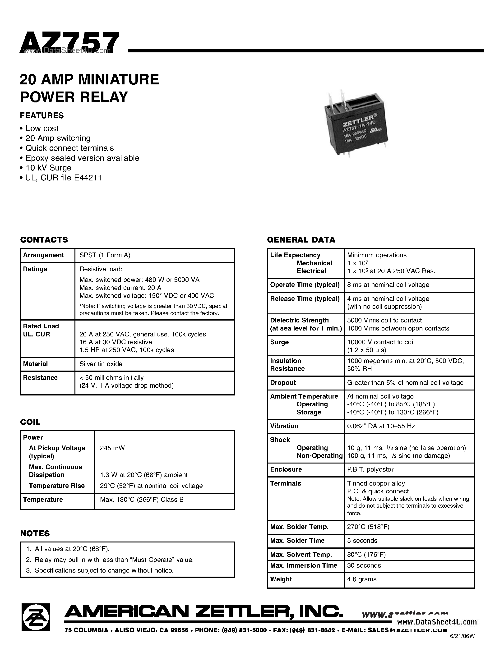Даташит AZ757 - 20 AMP MINIATURE POWER RELAY страница 1