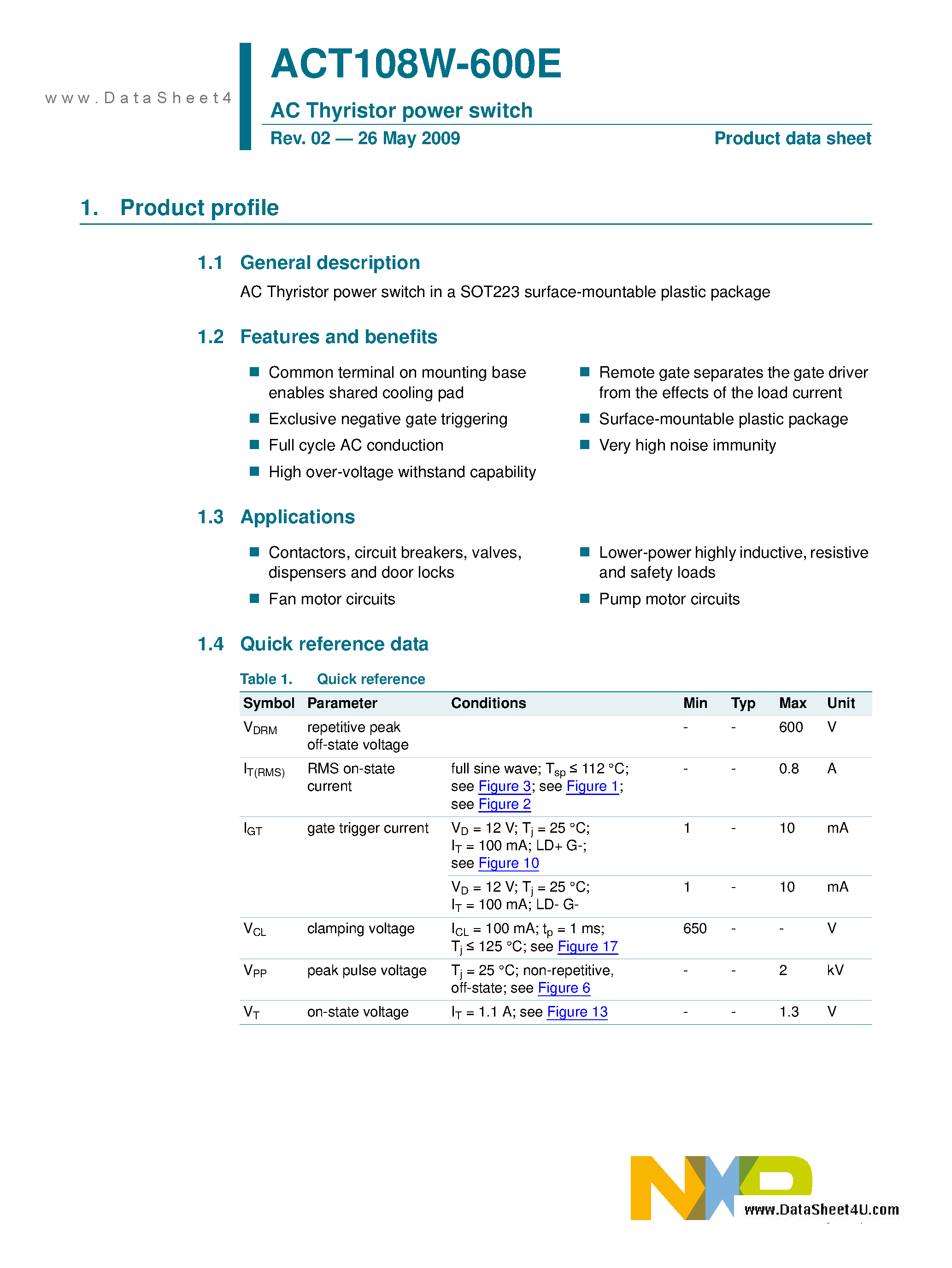 Datasheet ACT108W-600E - AC Thyristor Power Switch page 1