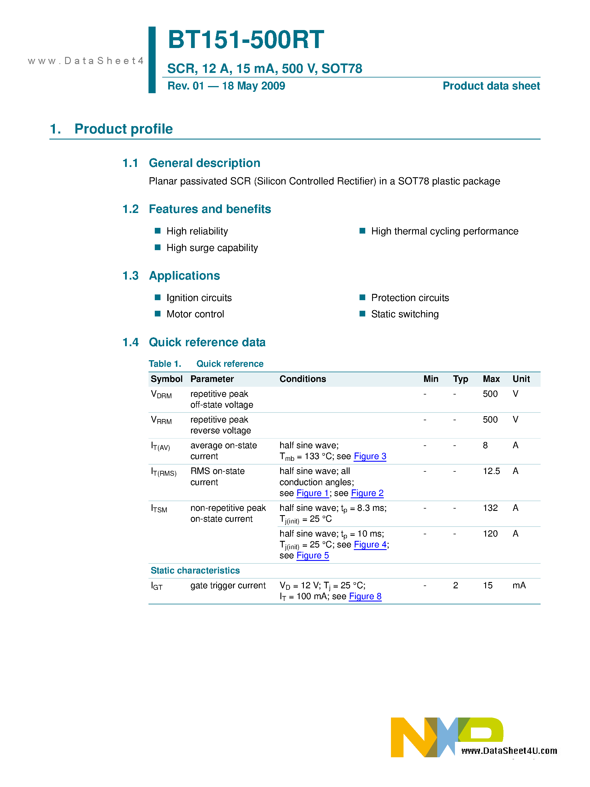 Datasheet BT151-500RT page 1 Datasheet BT151-500RT - Silicon Controlled Rectifier page 1