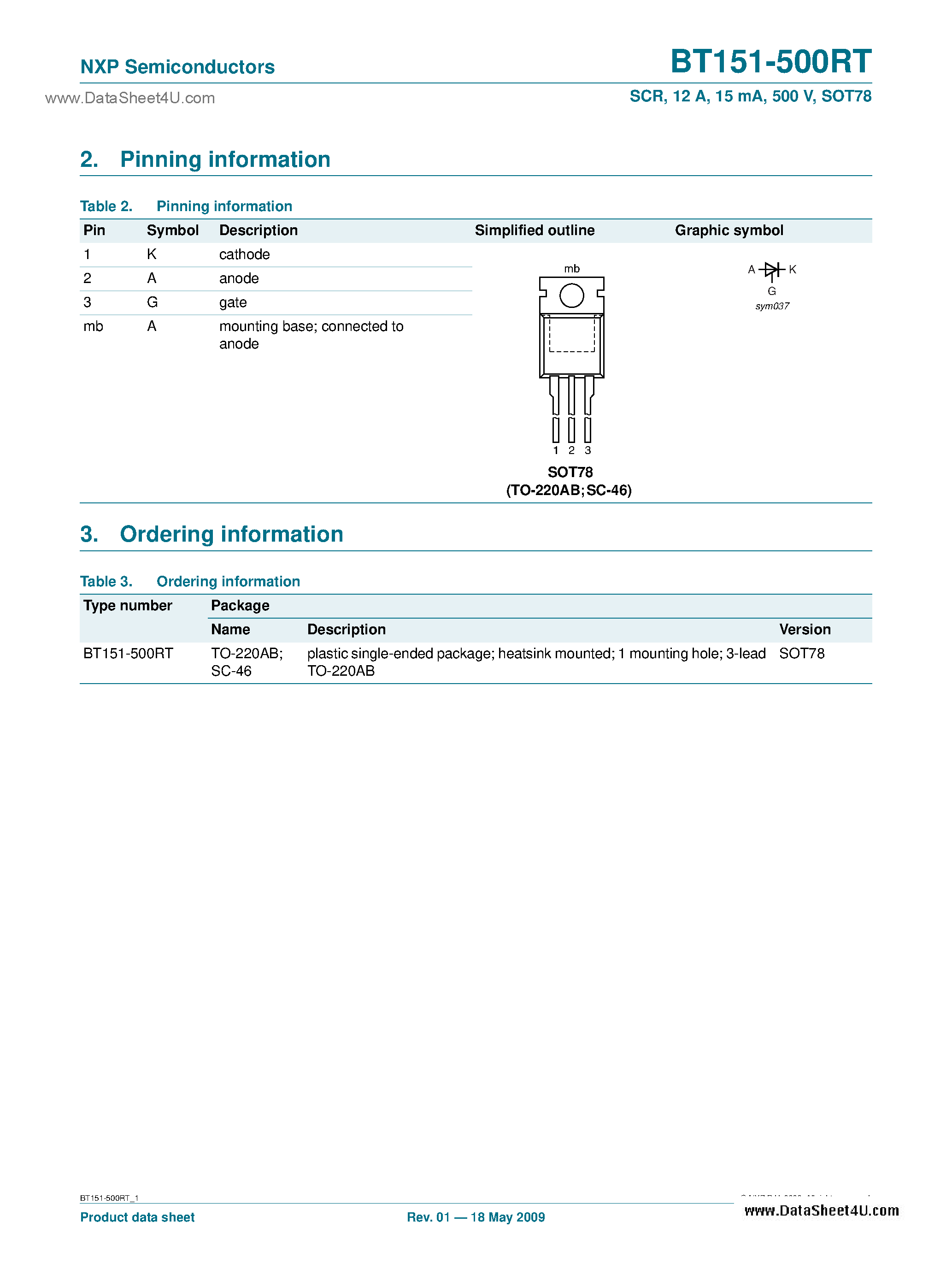 Datasheet BT151-500RT page 2 Datasheet BT151-500RT - Silicon Controlled Rectifier page 2