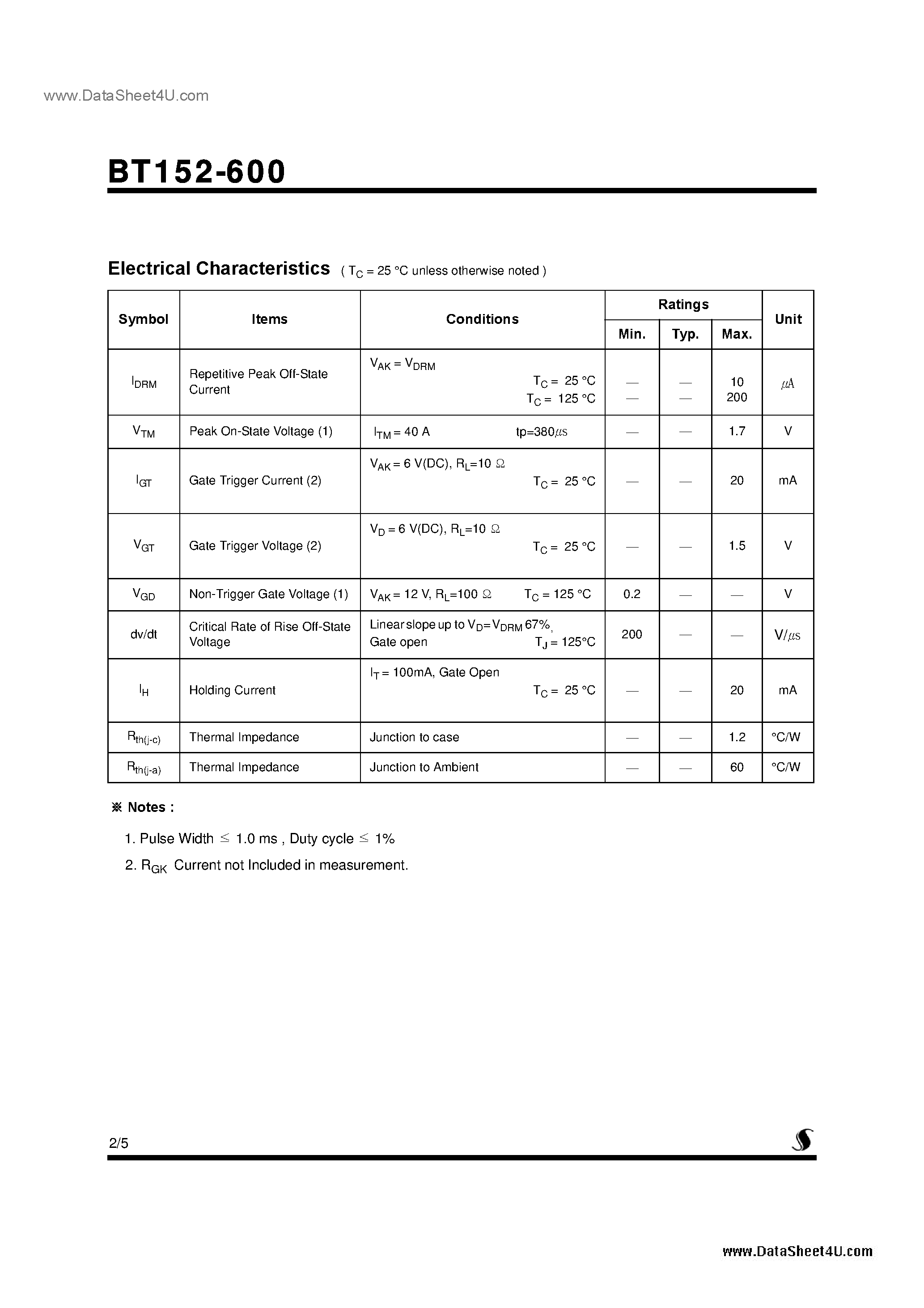 Datasheet BT152-600 page 2 Datasheet BT152-600 - Silicon Controlled Rectifiers page 2