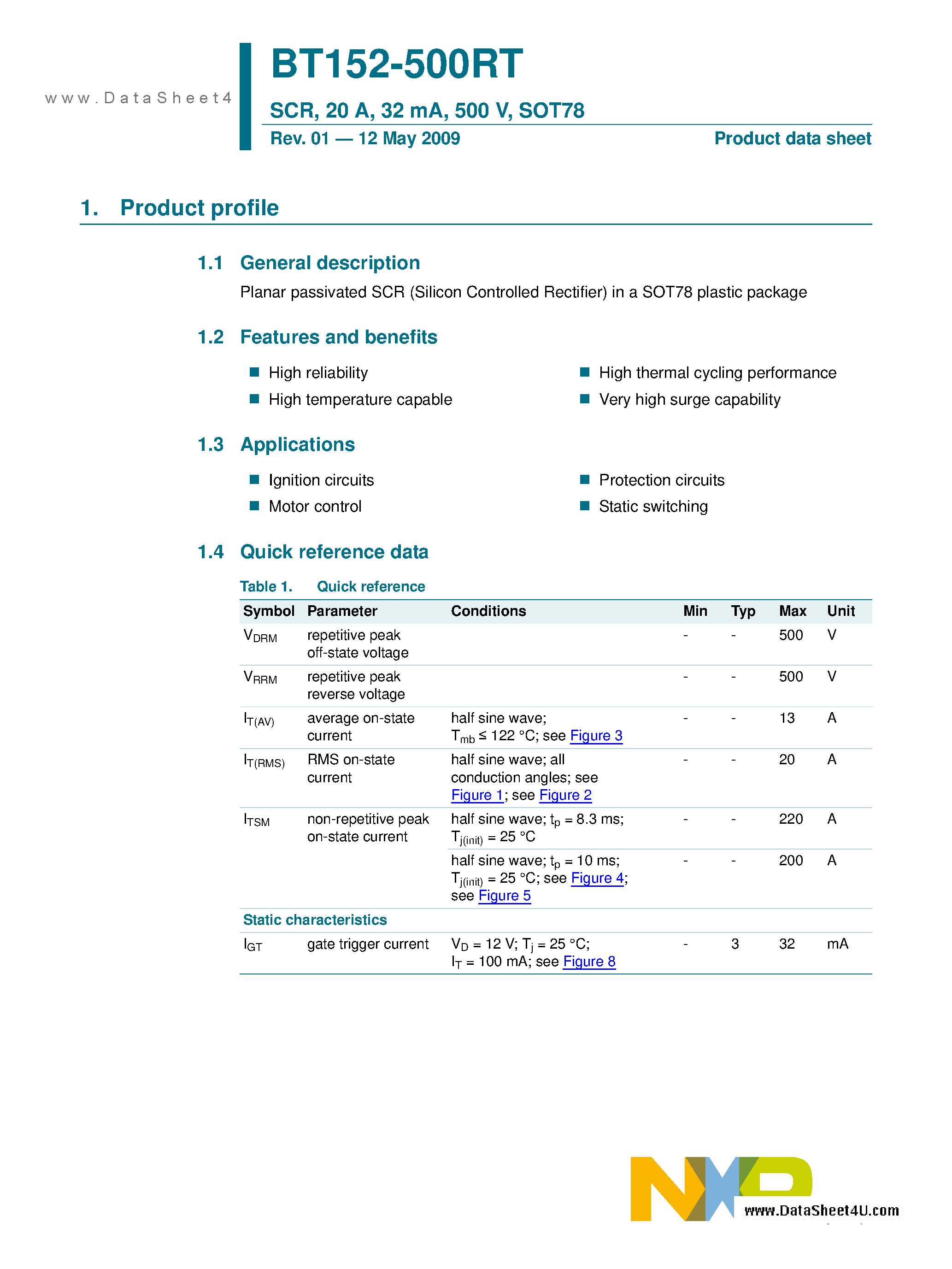 Datasheet BT152-500RT page 1 Datasheet BT152-500RT - Silicon Controlled Rectifier page 1
