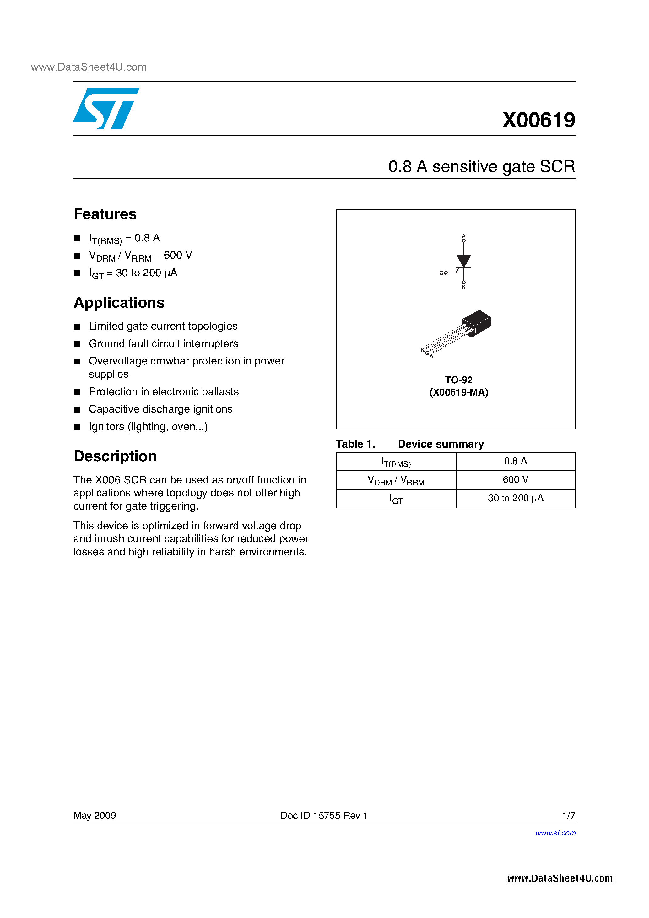 Datasheet X00619 - 0.8 A sensitive gate SCR page 1