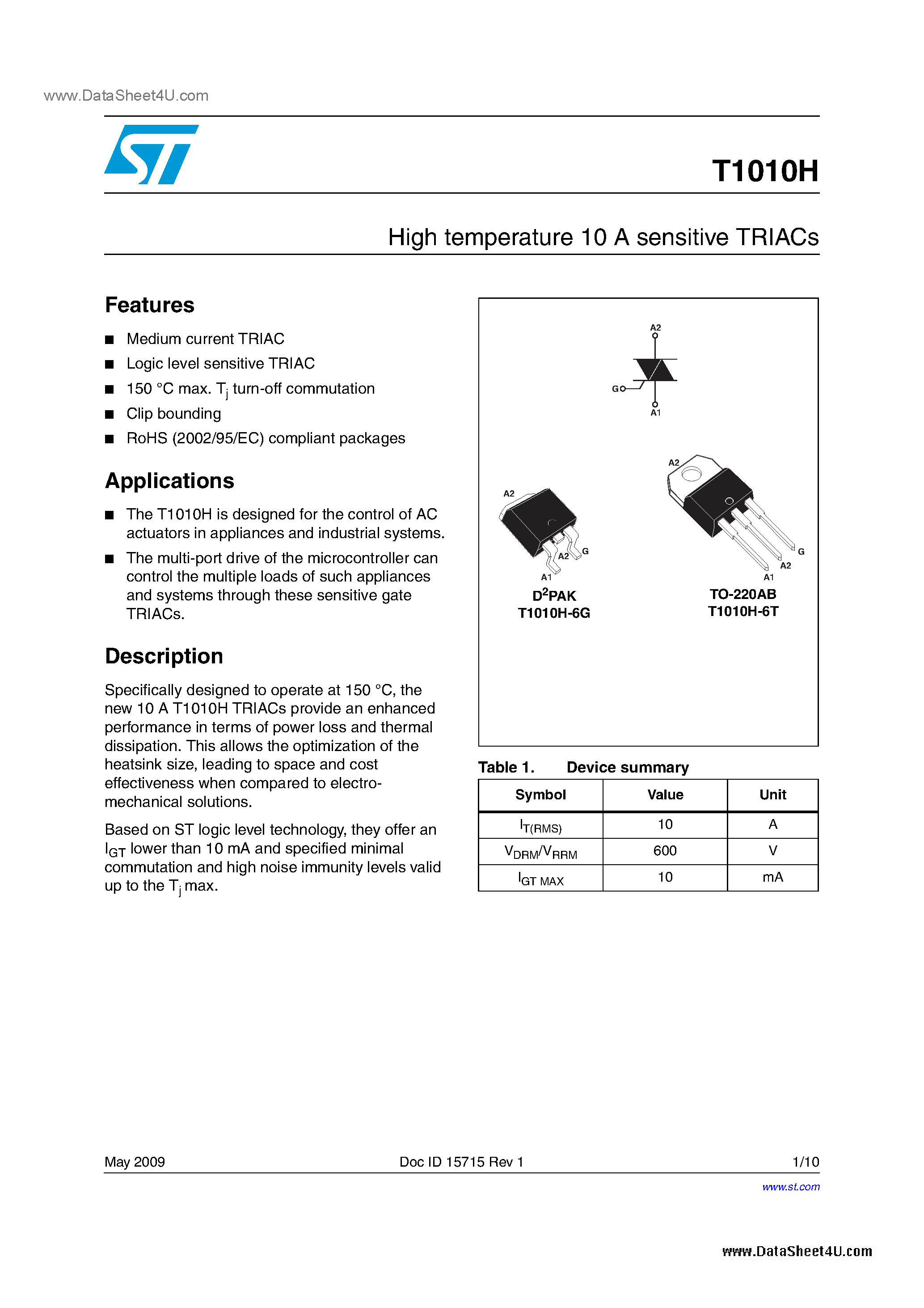 Datasheet T1010H - High temperature 10 A sensitive TRIACs page 1