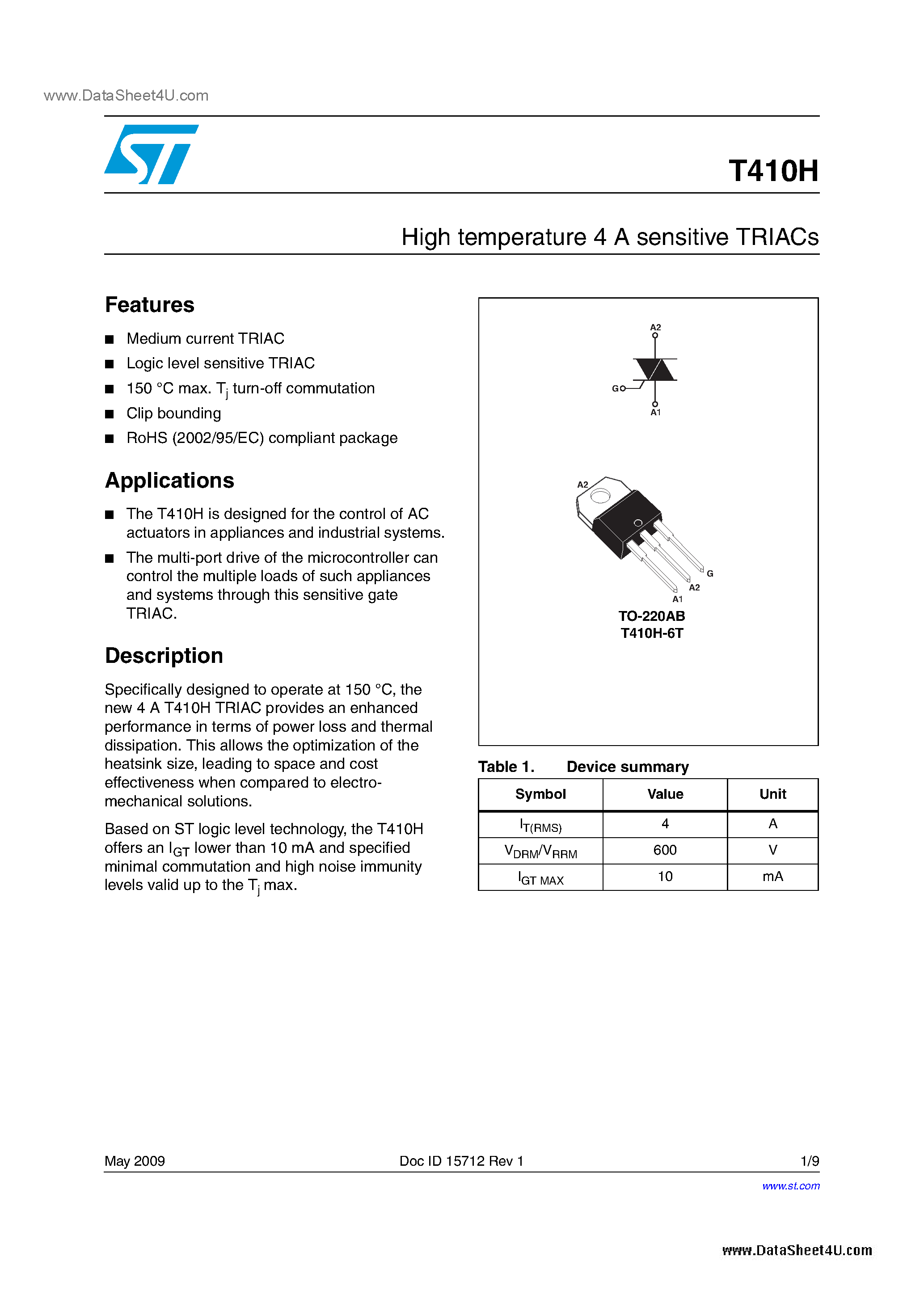 Datasheet T410H - High temperature 4 A sensitive TRIACs page 1