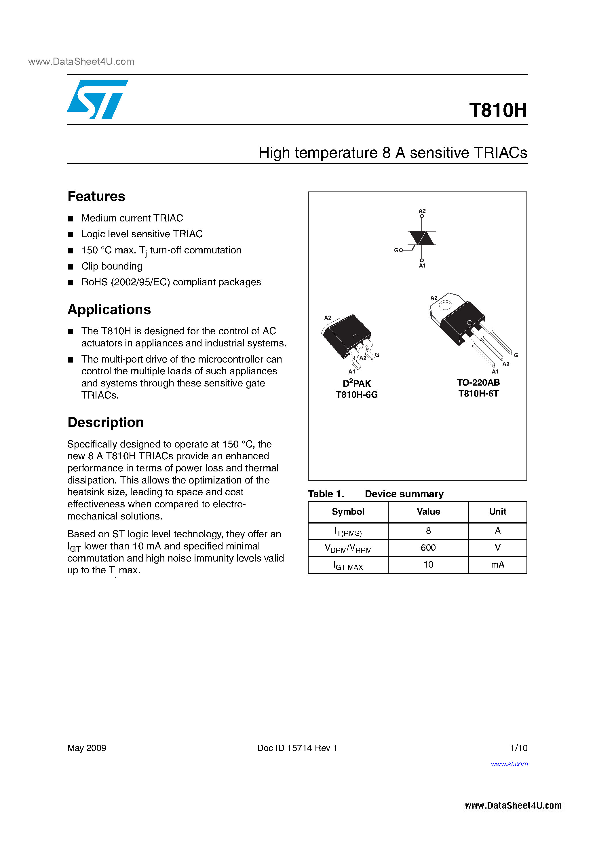 Datasheet T810H - High temperature 8 A sensitive TRIACs page 1
